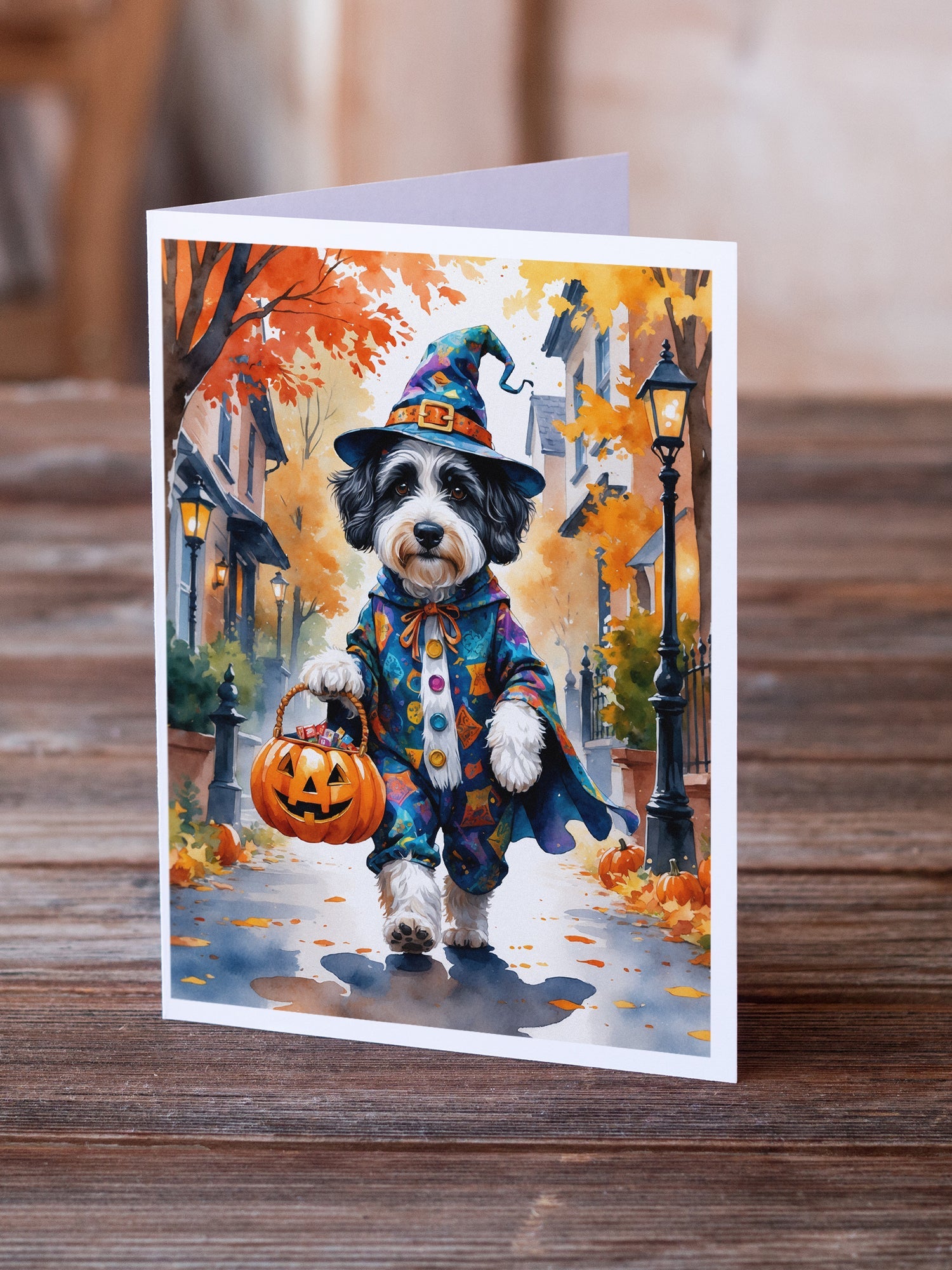 Bernedoodle Halloween Trick or Treat Greeting Cards Pack of 8 Blank Cards with Envelopes Whimsical A7 Size 5x7