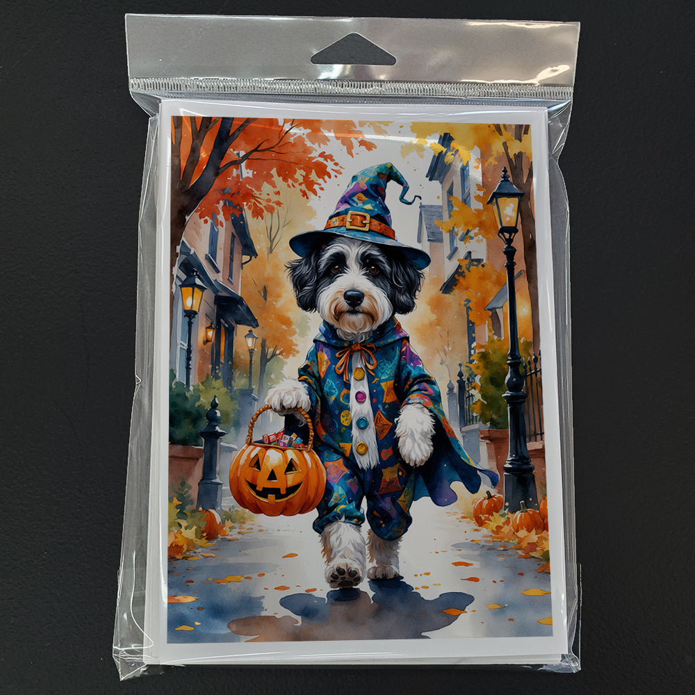 Bernedoodle Halloween Trick or Treat Greeting Cards Pack of 8 Blank Cards with Envelopes Whimsical A7 Size 5x7