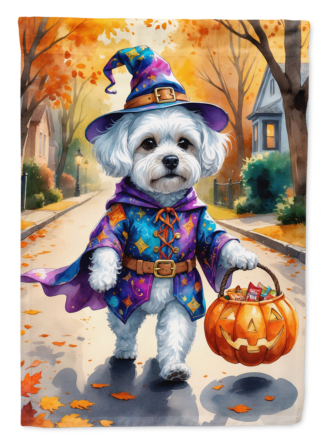 Bichon Frise Halloween Trick or Treat House Flag 28x40 Porch Sleeve Pole Decorative Outside Yard Banner Artwork Wall Hanging, Polyester