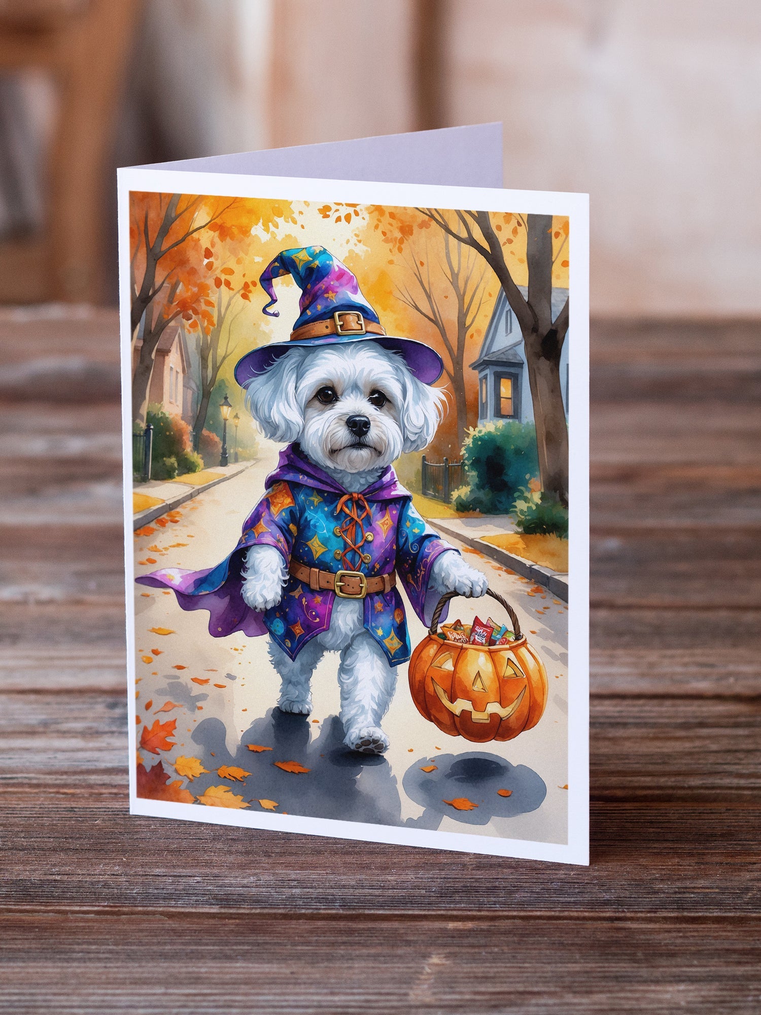 Bichon Frise Halloween Trick or Treat Greeting Cards Pack of 8 Blank Cards with Envelopes Whimsical A7 Size 5x7