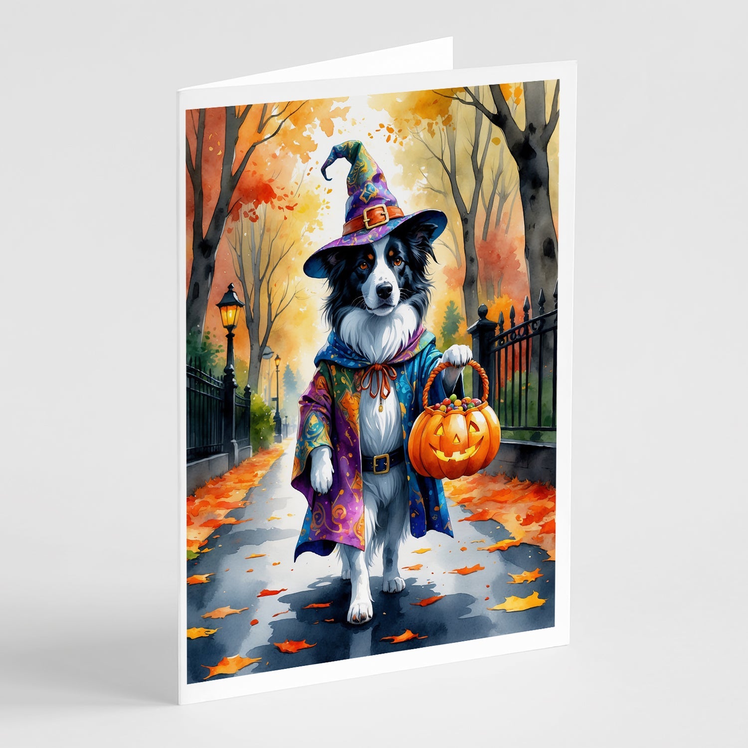 Border Collie Halloween Trick or Treat Greeting Cards Pack of 8 Blank Cards with Envelopes Whimsical A7 Size 5x7