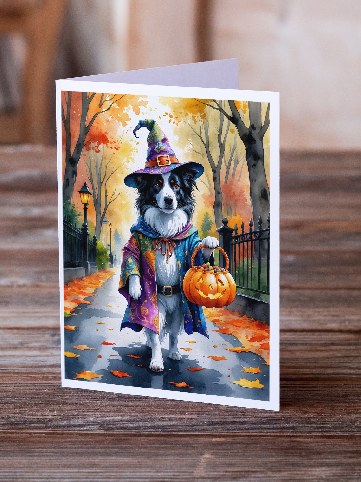 Border Collie Halloween Trick or Treat Greeting Cards Pack of 8 Blank Cards with Envelopes Whimsical A7 Size 5x7