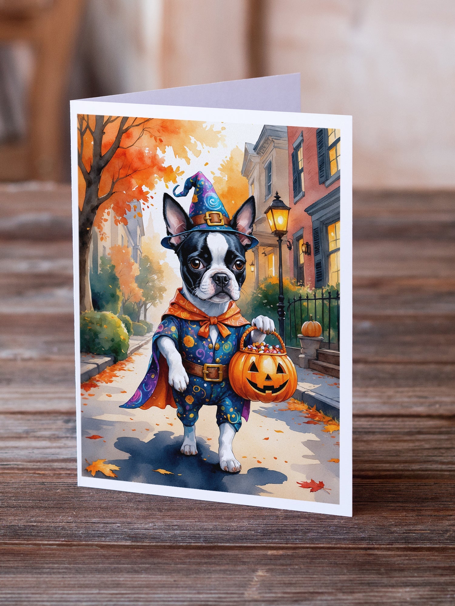 Boston Terrier Halloween Trick or Treat Greeting Cards Pack of 8 Blank Cards with Envelopes Whimsical A7 Size 5x7