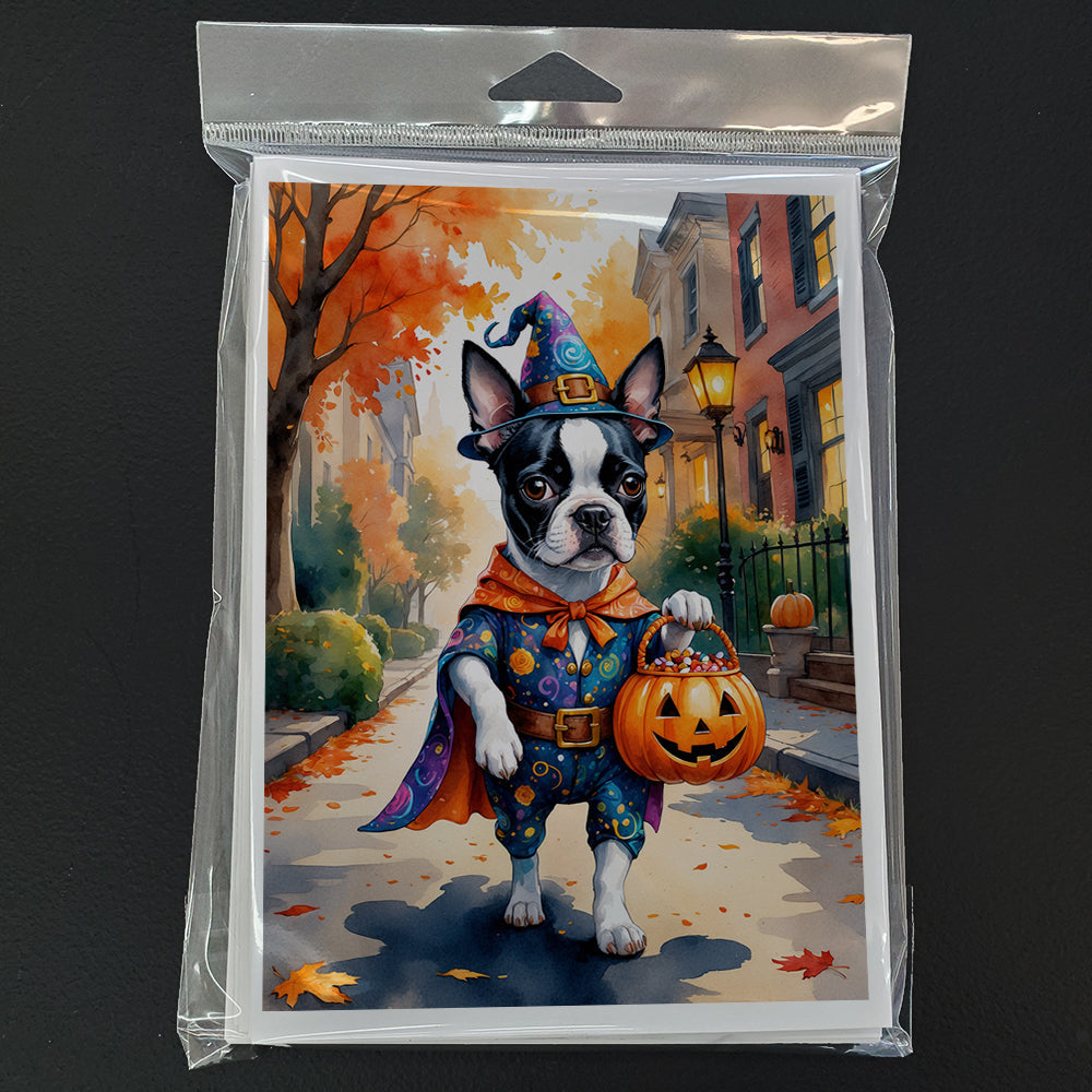 Boston Terrier Halloween Trick or Treat Greeting Cards Pack of 8 Blank Cards with Envelopes Whimsical A7 Size 5x7