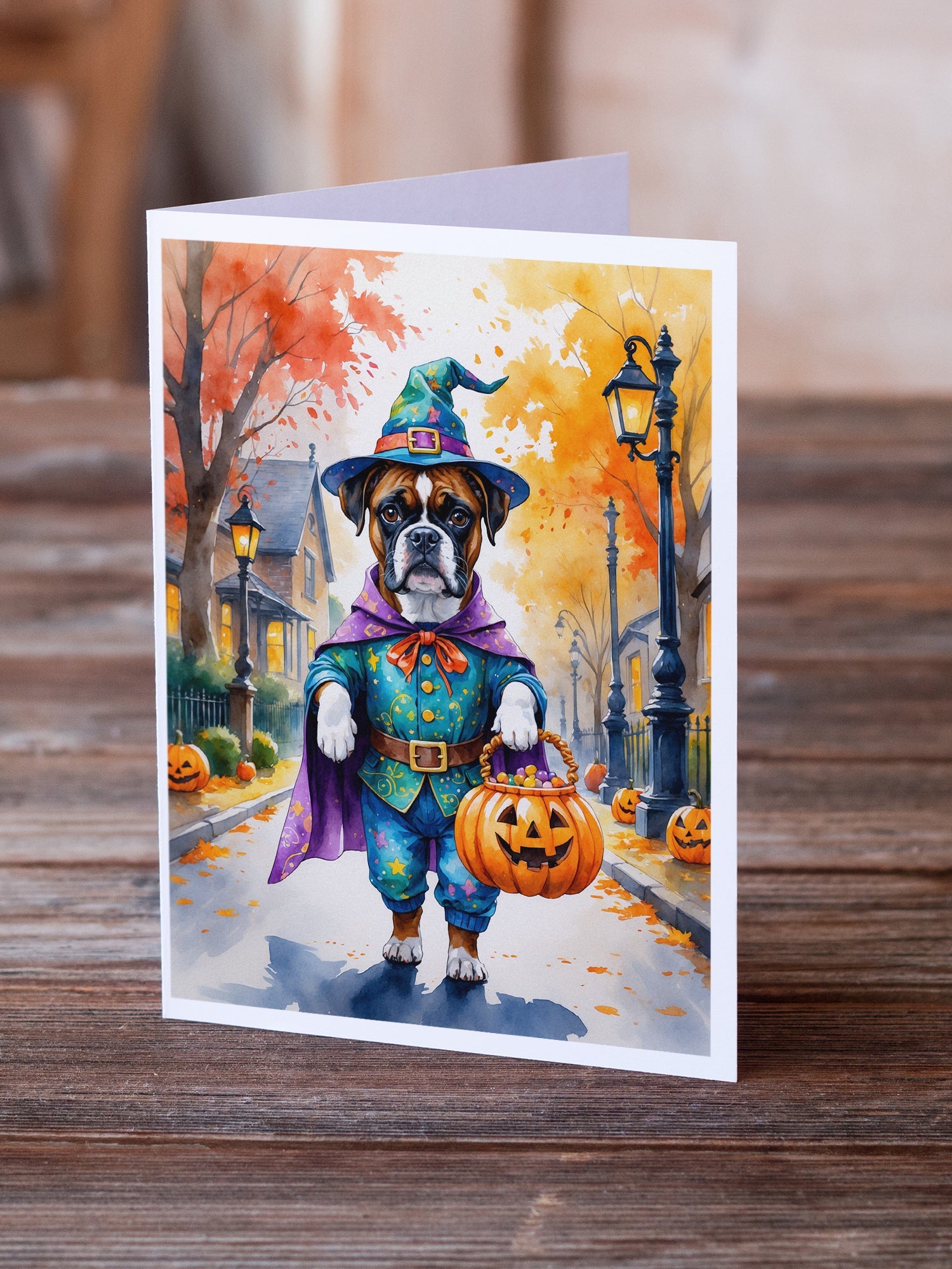 Boxer Halloween Trick or Treat Greeting Cards Pack of 8 Blank Cards with Envelopes Whimsical A7 Size 5x7