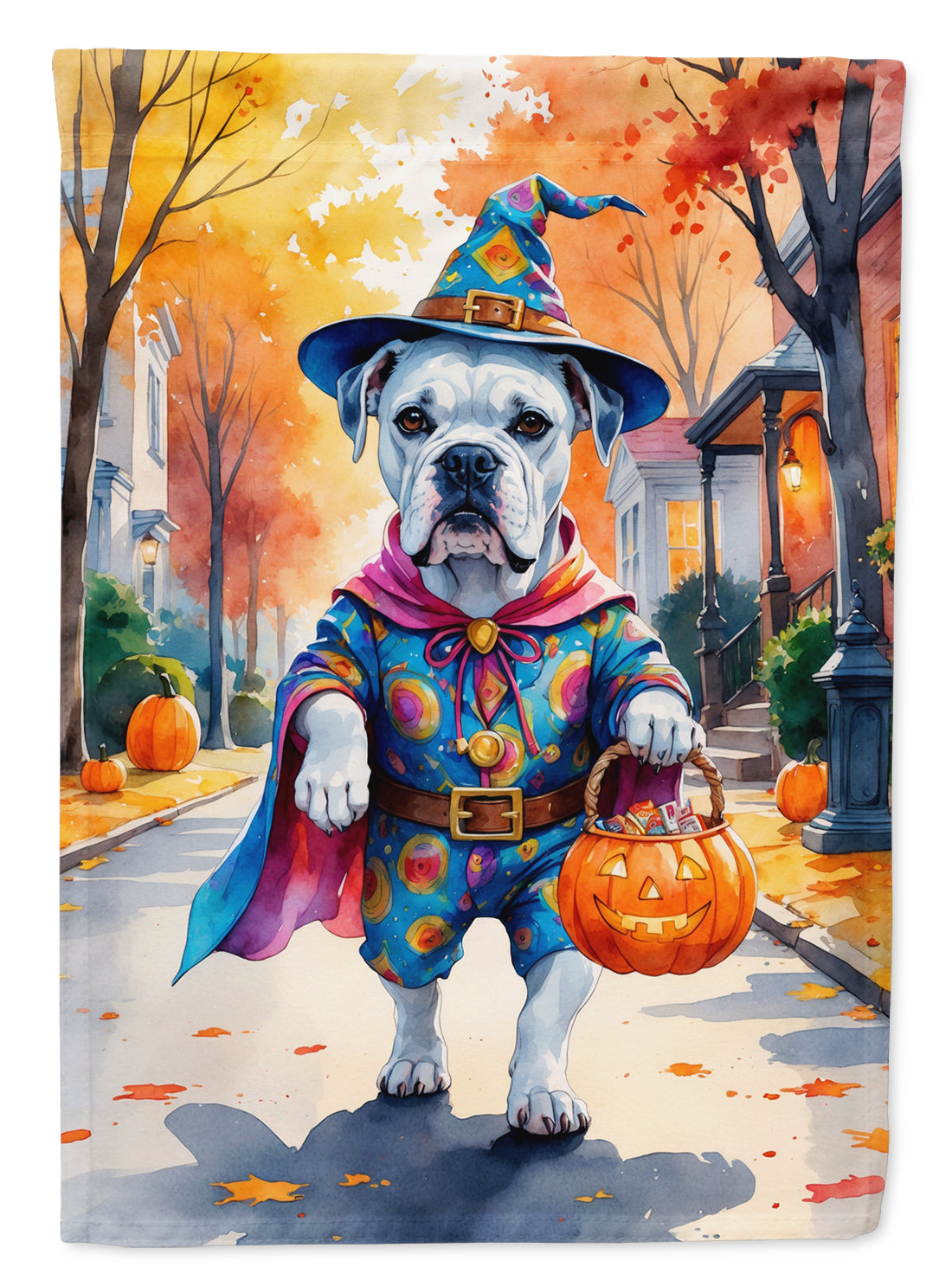White Boxer Halloween Trick or Treat House Flag 28x40 Porch Sleeve Pole Decorative Outside Yard Banner Artwork Wall Hanging, Polyester