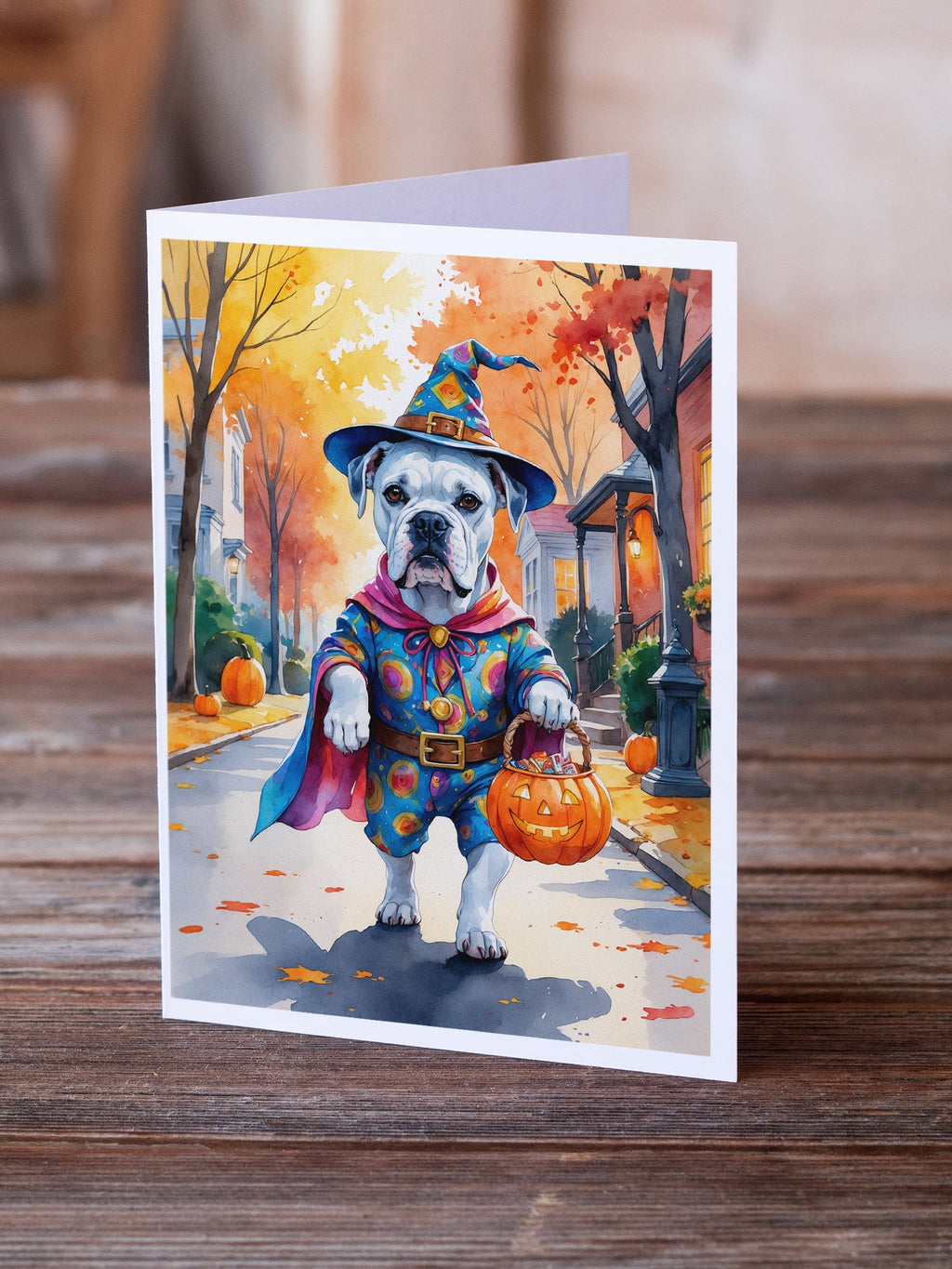 White Boxer Halloween Trick or Treat Greeting Cards Pack of 8 Blank Cards with Envelopes Whimsical A7 Size 5x7