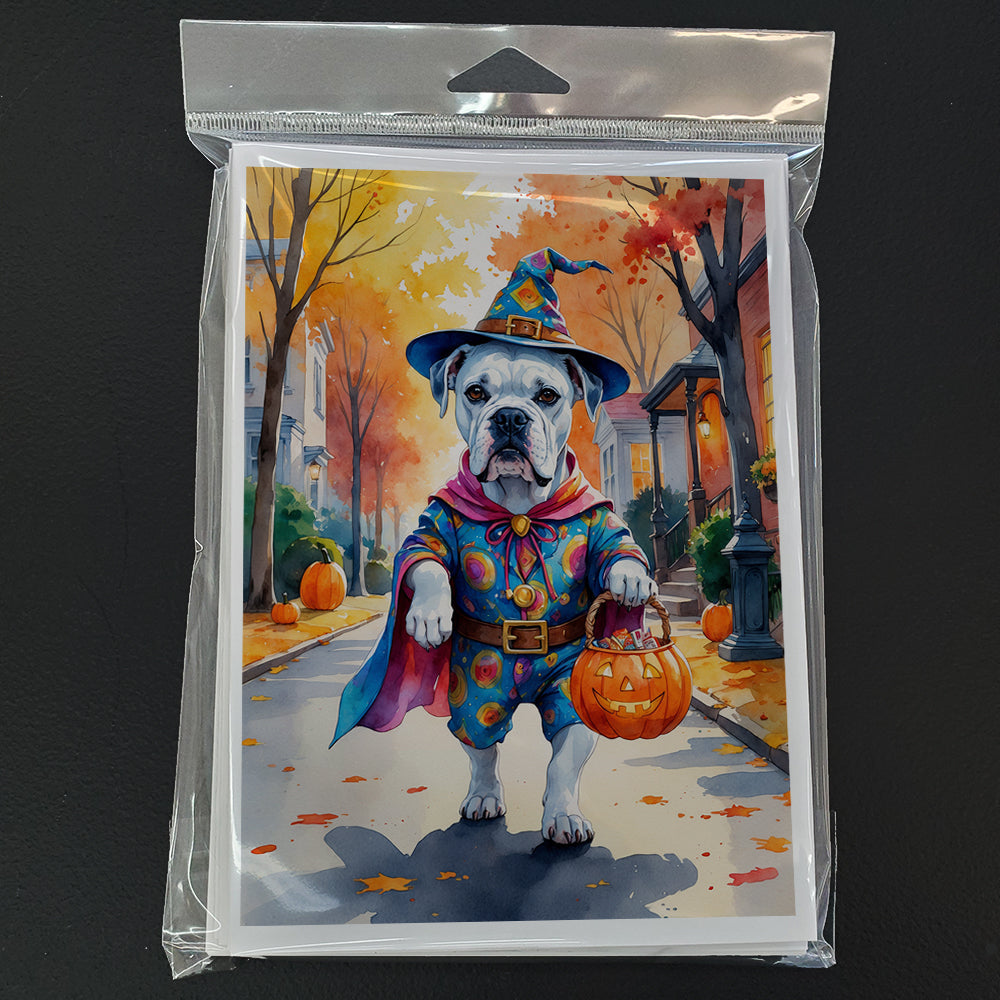 White Boxer Halloween Trick or Treat Greeting Cards Pack of 8 Blank Cards with Envelopes Whimsical A7 Size 5x7