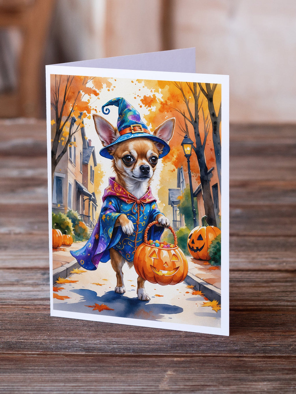Chihuahua Halloween Trick or Treat Greeting Cards Pack of 8 Blank Cards with Envelopes Whimsical A7 Size 5x7