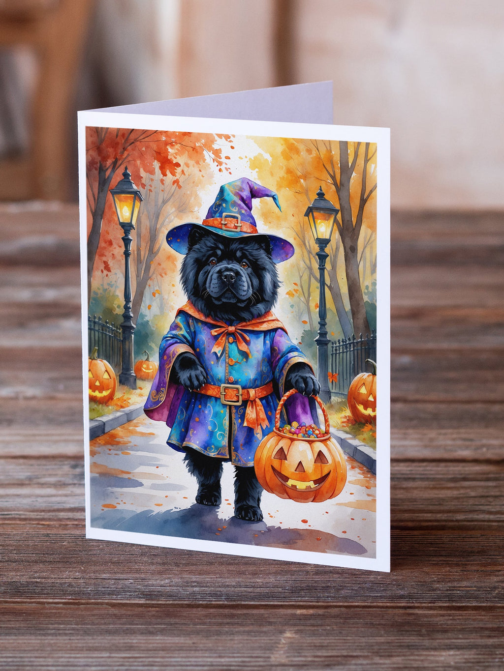 Black Chow Chow Halloween Trick or Treat Greeting Cards Pack of 8 Blank Cards with Envelopes Whimsical A7 Size 5x7