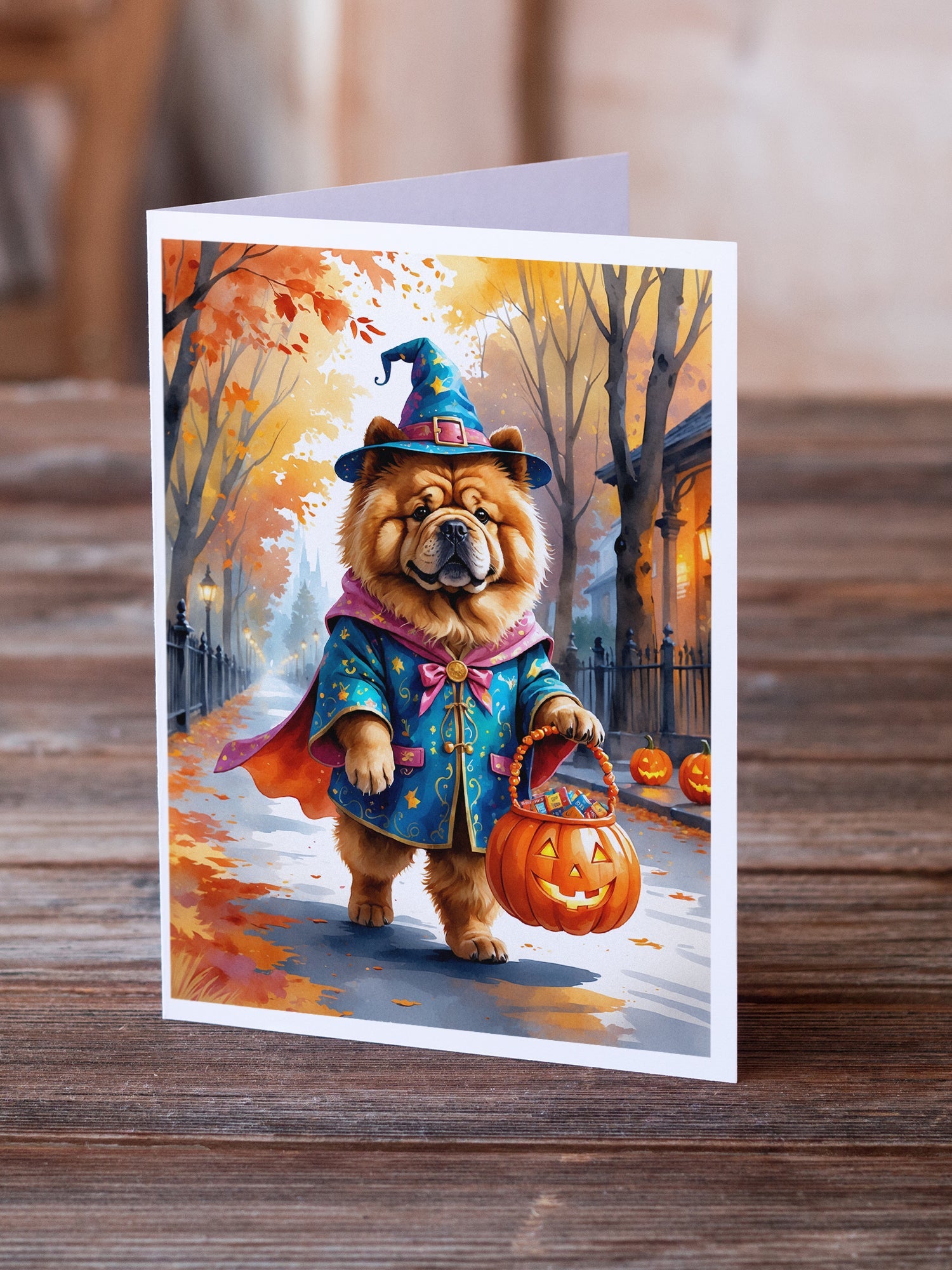 Chow Chow Halloween Trick or Treat Greeting Cards Pack of 8 Blank Cards with Envelopes Whimsical A7 Size 5x7