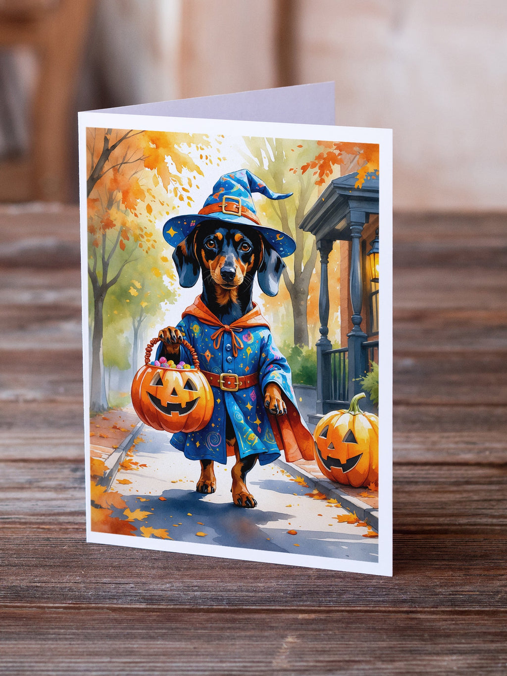 Dachshund Halloween Trick or Treat Greeting Cards Pack of 8 Blank Cards with Envelopes Whimsical A7 Size 5x7