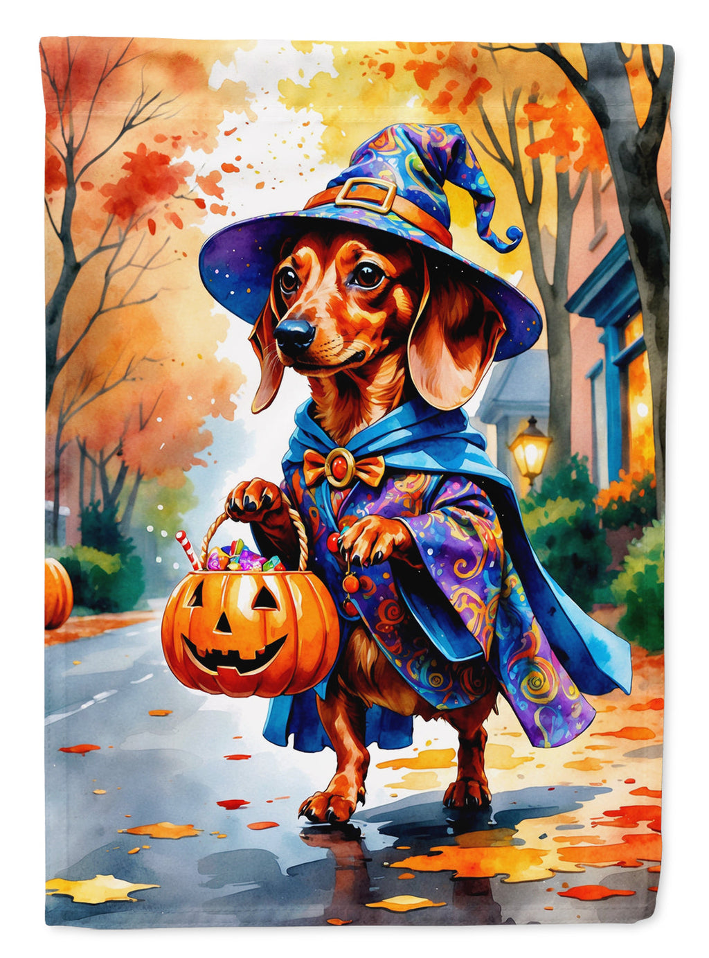 Red Dachshund Halloween Trick or Treat House Flag 28x40 Porch Sleeve Pole Decorative Outside Yard Banner Artwork Wall Hanging, Polyester
