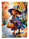 Red Dachshund Halloween Trick or Treat House Flag 28x40 Porch Sleeve Pole Decorative Outside Yard Banner Artwork Wall Hanging, Polyester