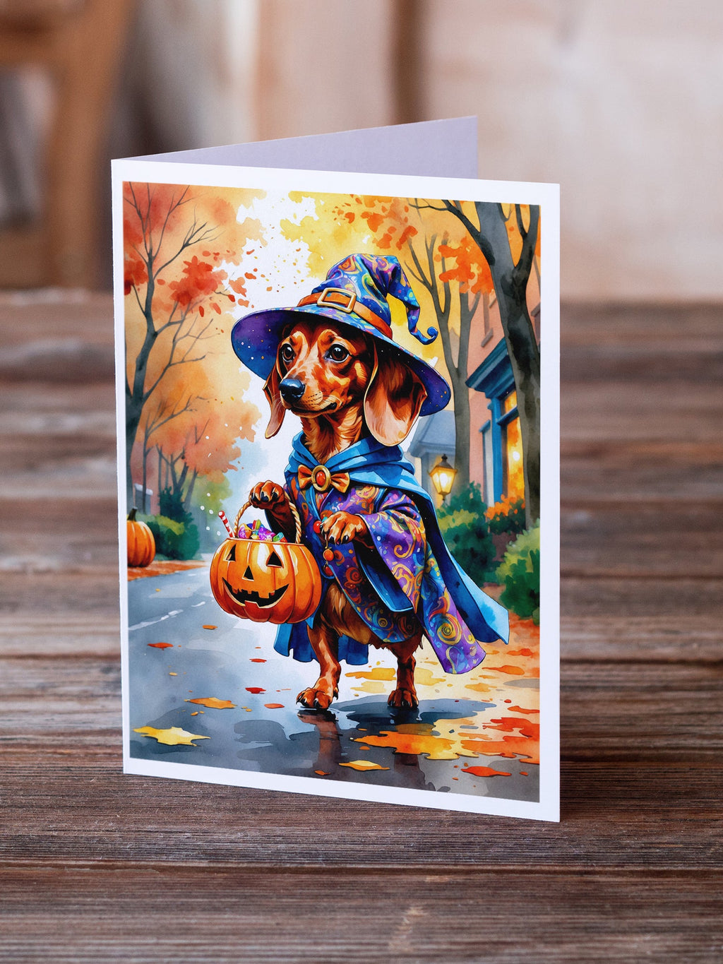 Red Dachshund Halloween Trick or Treat Greeting Cards Pack of 8 Blank Cards with Envelopes Whimsical A7 Size 5x7