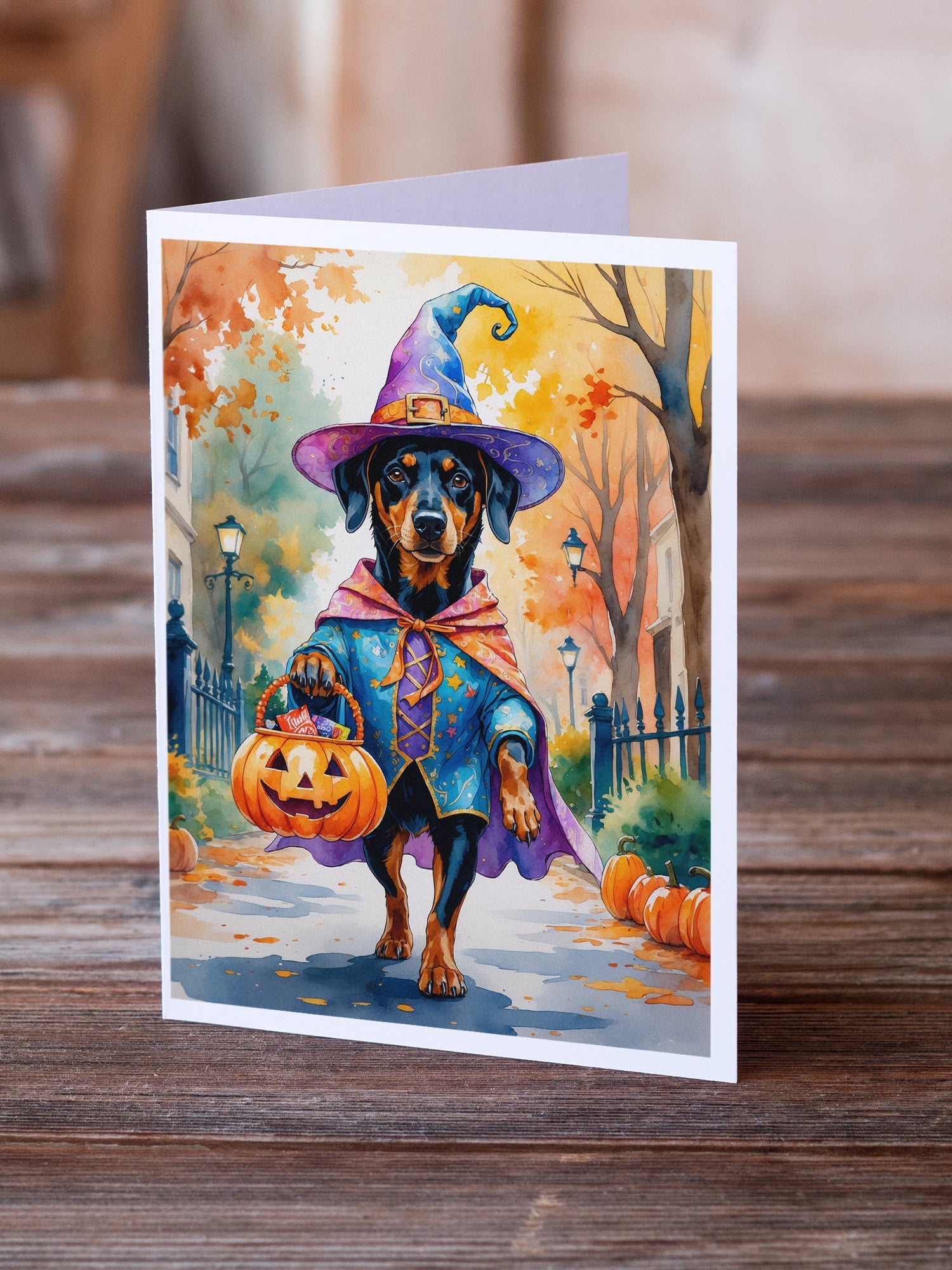 Doberman Pinscher Halloween Trick or Treat Greeting Cards Pack of 8 Blank Cards with Envelopes Whimsical A7 Size 5x7