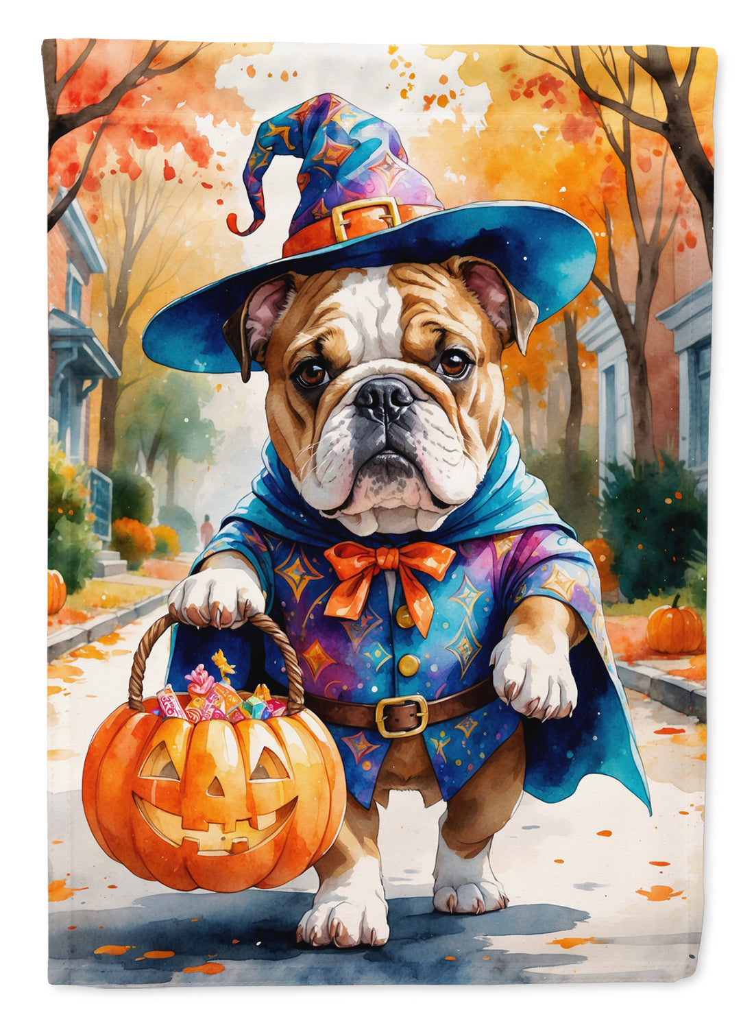 English Bulldog Halloween Trick or Treat House Flag 28x40 Porch Sleeve Pole Decorative Outside Yard Banner Artwork Wall Hanging, Polyester