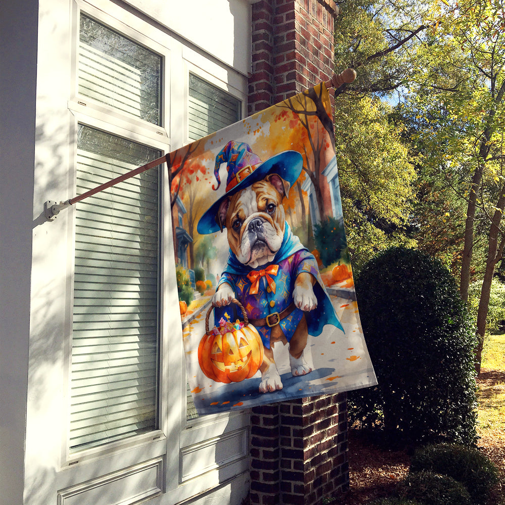 English Bulldog Halloween Trick or Treat House Flag 28x40 Porch Sleeve Pole Decorative Outside Yard Banner Artwork Wall Hanging, Polyester