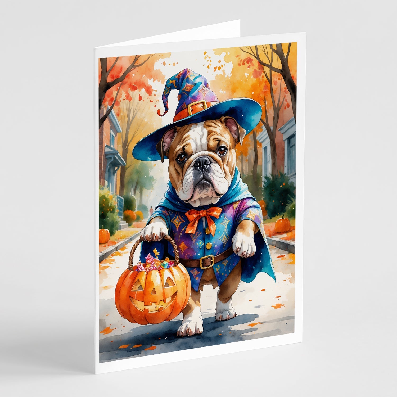 English Bulldog Halloween Trick or Treat Greeting Cards Pack of 8 Blank Cards with Envelopes Whimsical A7 Size 5x7
