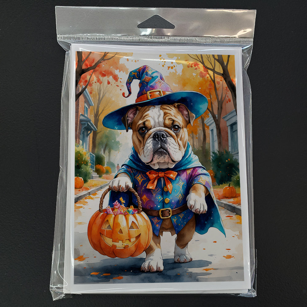 English Bulldog Halloween Trick or Treat Greeting Cards Pack of 8 Blank Cards with Envelopes Whimsical A7 Size 5x7