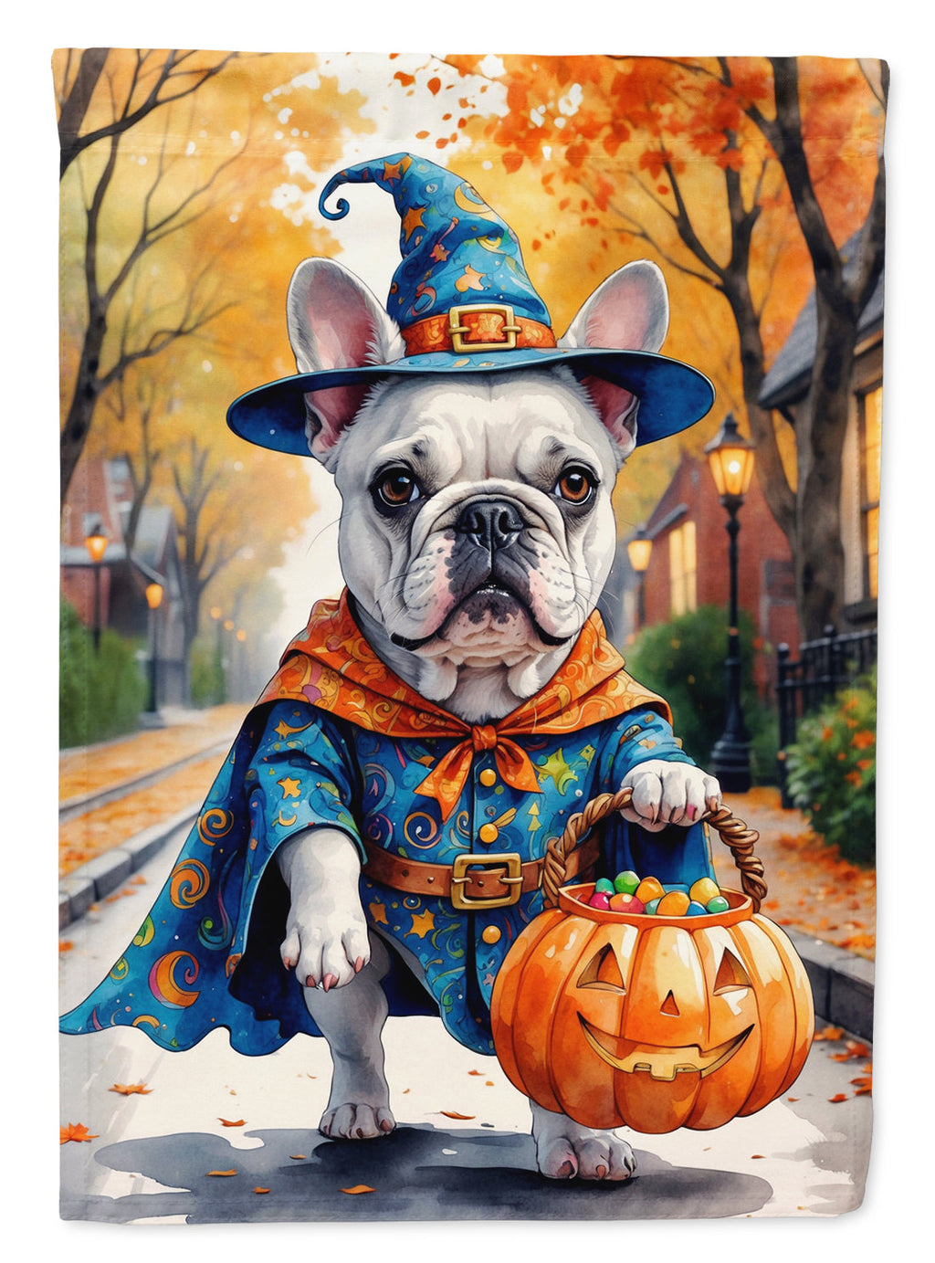 White French Bulldog Halloween Trick or Treat House Flag 28x40 Porch Sleeve Pole Decorative Outside Yard Banner Artwork Wall Hanging, Polyester