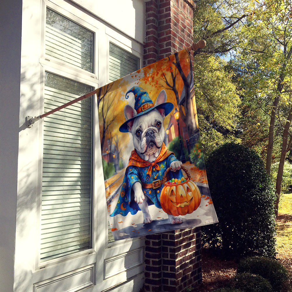 White French Bulldog Halloween Trick or Treat House Flag 28x40 Porch Sleeve Pole Decorative Outside Yard Banner Artwork Wall Hanging, Polyester