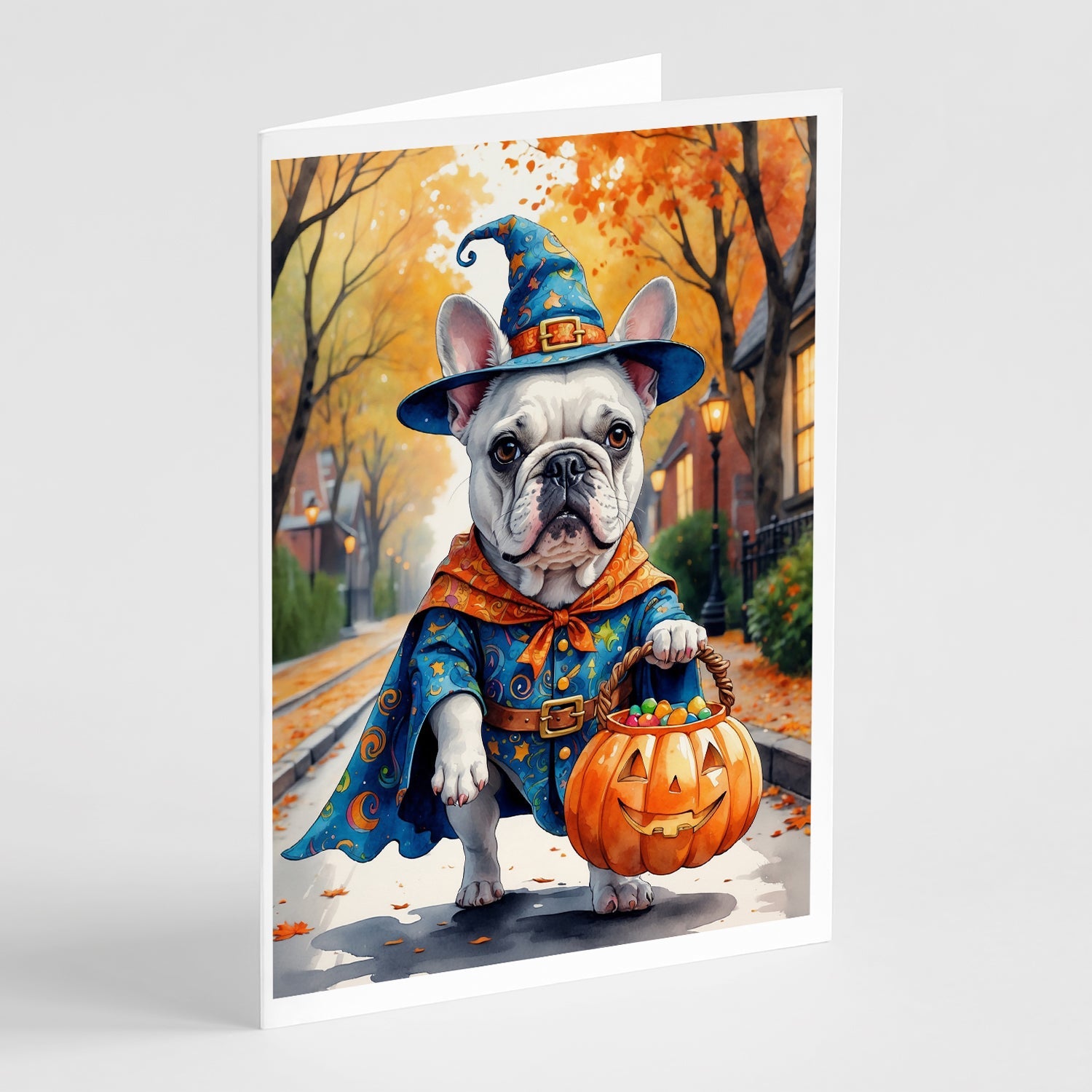 White French Bulldog Halloween Trick or Treat Greeting Cards Pack of 8 Blank Cards with Envelopes Whimsical A7 Size 5x7