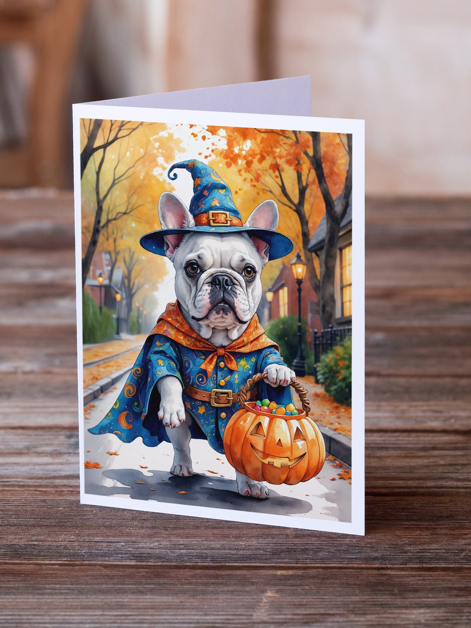 White French Bulldog Halloween Trick or Treat Greeting Cards Pack of 8 Blank Cards with Envelopes Whimsical A7 Size 5x7