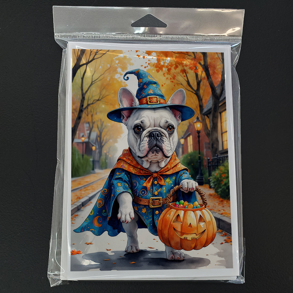 White French Bulldog Halloween Trick or Treat Greeting Cards Pack of 8 Blank Cards with Envelopes Whimsical A7 Size 5x7