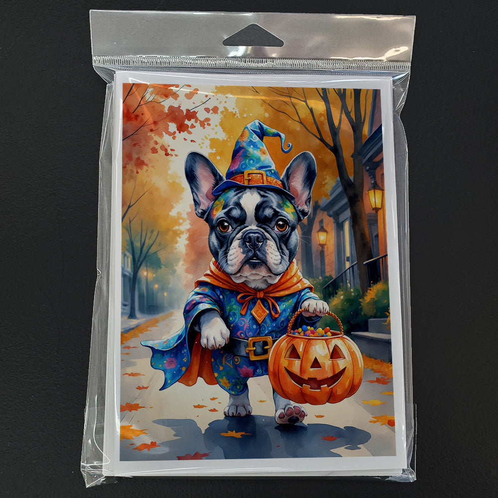 Black White French Bulldog Halloween Trick or Treat Greeting Cards Pack of 8 Blank Cards with Envelopes Whimsical A7 Size 5x7
