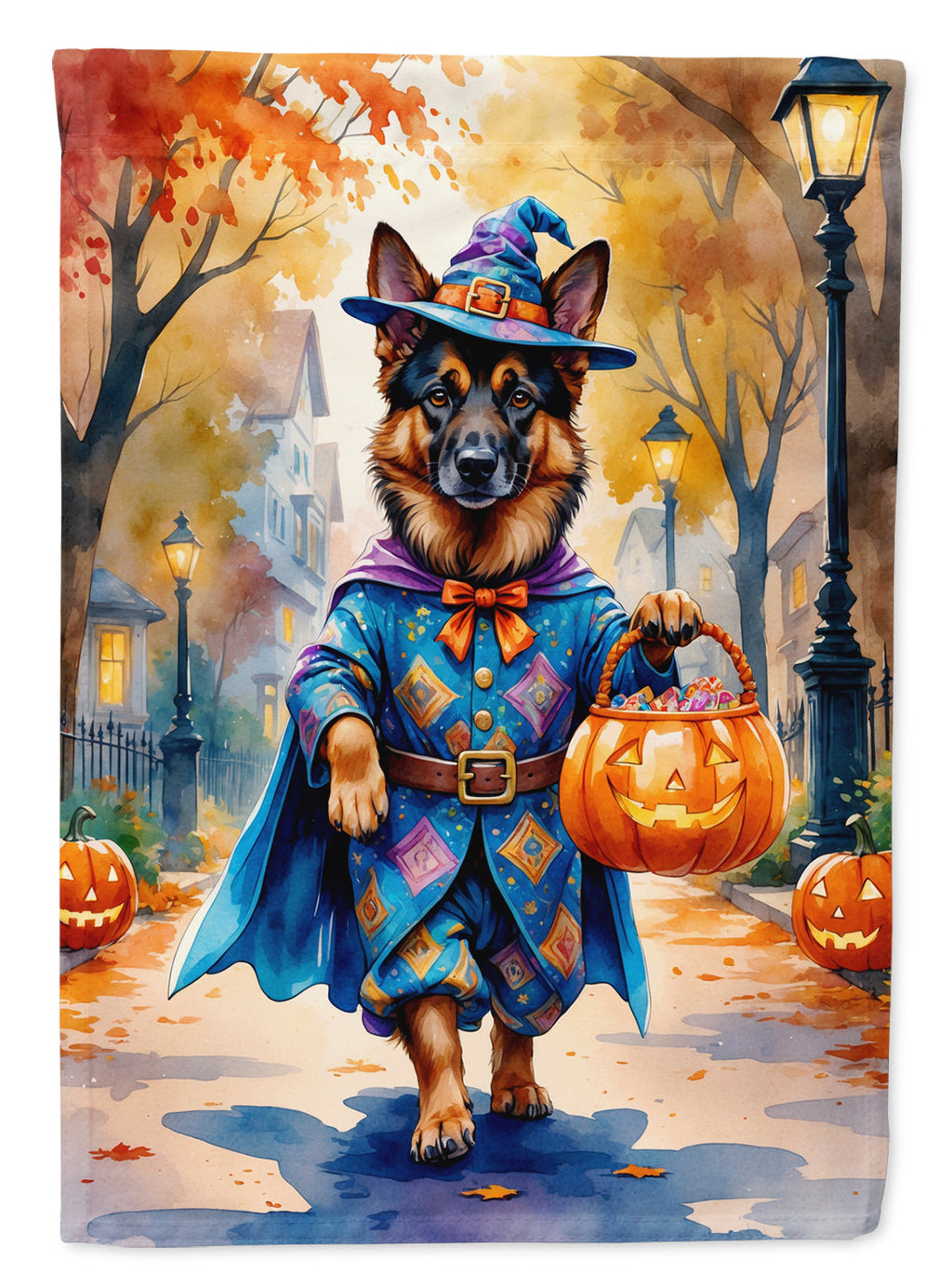 German Shepherd Halloween Trick or Treat House Flag 28x40 Porch Sleeve Pole Decorative Outside Yard Banner Artwork Wall Hanging, Polyester