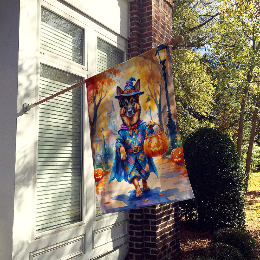 German Shepherd Halloween Trick or Treat House Flag 28x40 Porch Sleeve Pole Decorative Outside Yard Banner Artwork Wall Hanging, Polyester