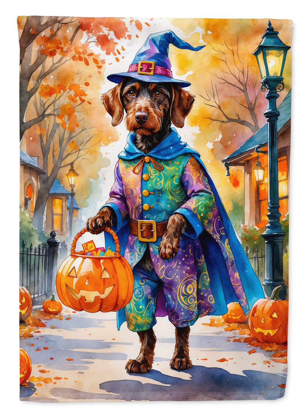 German Wirehaired Pointer Halloween Trick or Treat House Flag 28x40 Porch Sleeve Pole Decorative Outside Yard Banner Artwork Wall Hanging, Polyester