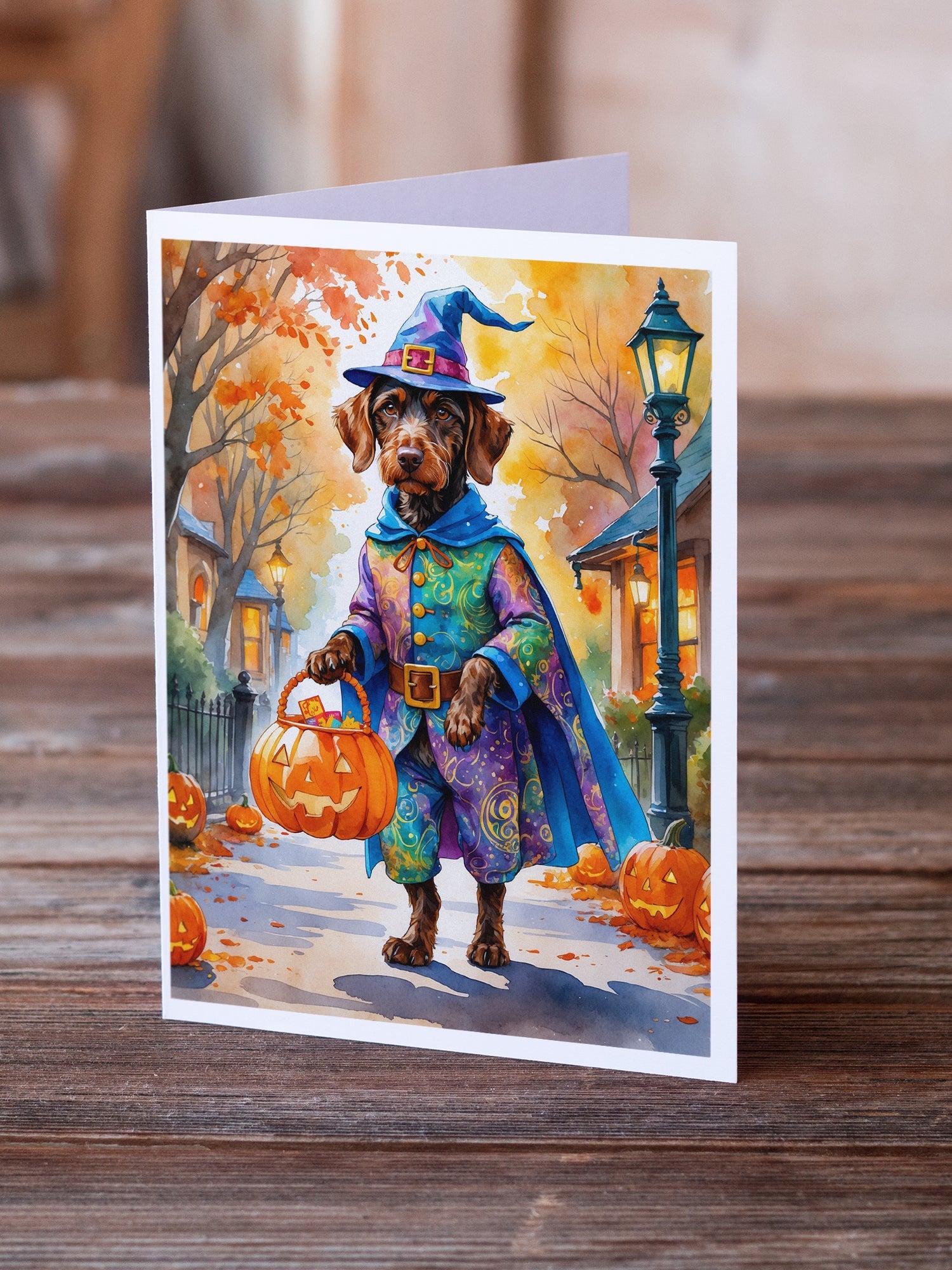 German Wirehaired Pointer Halloween Trick or Treat Greeting Cards Pack of 8 Blank Cards with Envelopes Whimsical A7 Size 5x7
