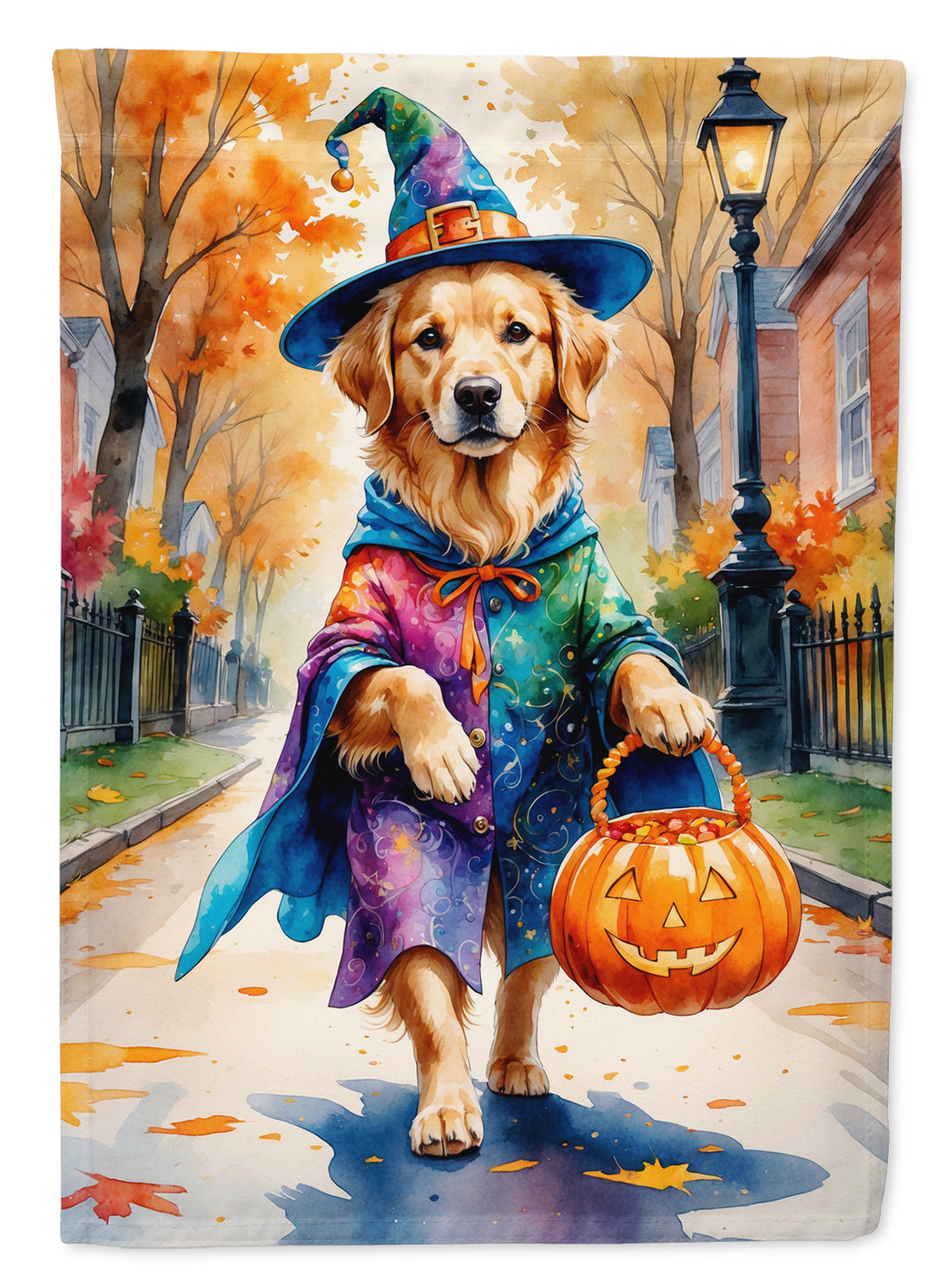 Golden Retriever Halloween Trick or Treat House Flag 28x40 Porch Sleeve Pole Decorative Outside Yard Banner Artwork Wall Hanging, Polyester