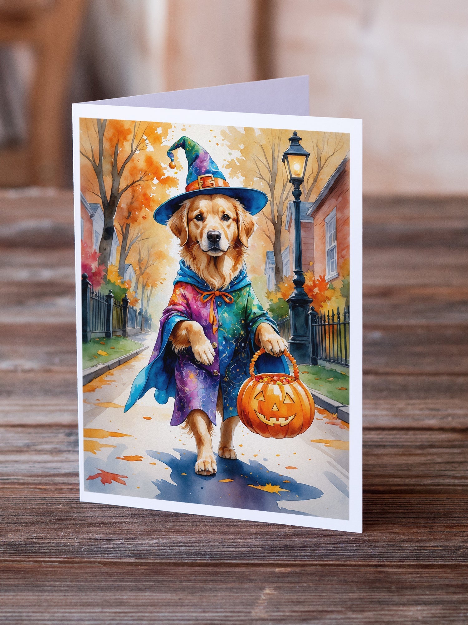 Golden Retriever Halloween Trick or Treat Greeting Cards Pack of 8 Blank Cards with Envelopes Whimsical A7 Size 5x7