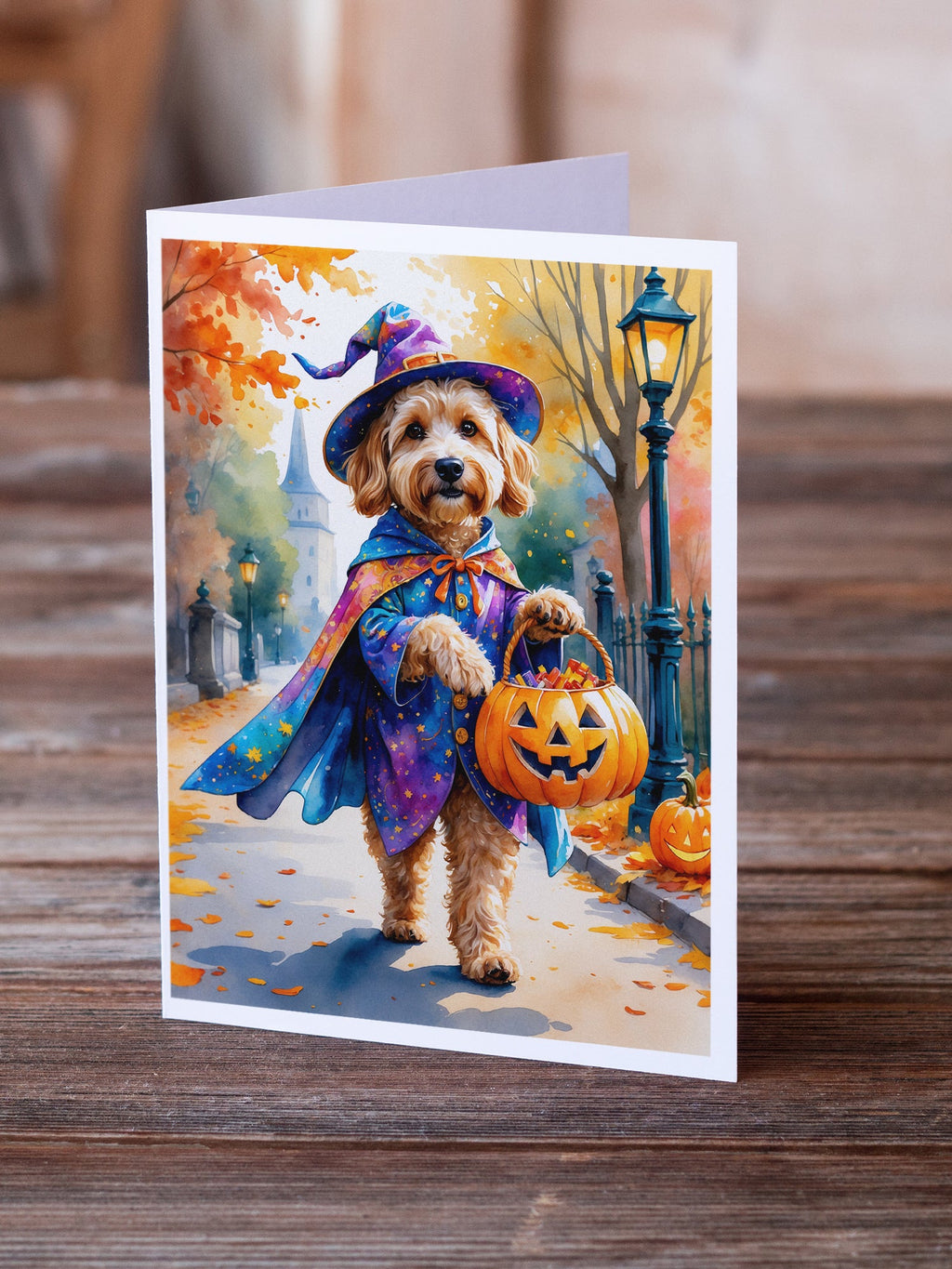 Goldendoodle Halloween Trick or Treat Greeting Cards Pack of 8 Blank Cards with Envelopes Whimsical A7 Size 5x7