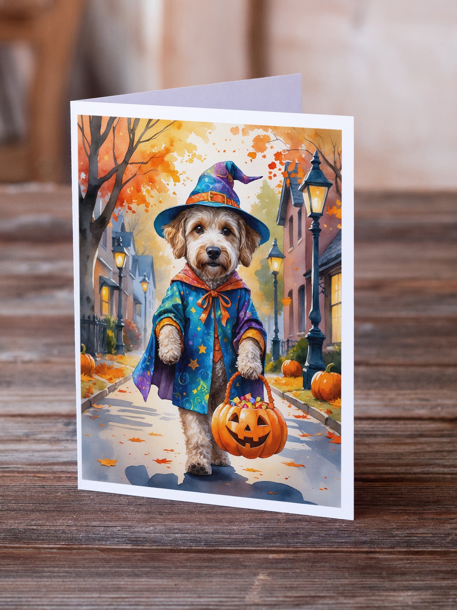 Labradoodle Halloween Trick or Treat Greeting Cards Pack of 8 Blank Cards with Envelopes Whimsical A7 Size 5x7