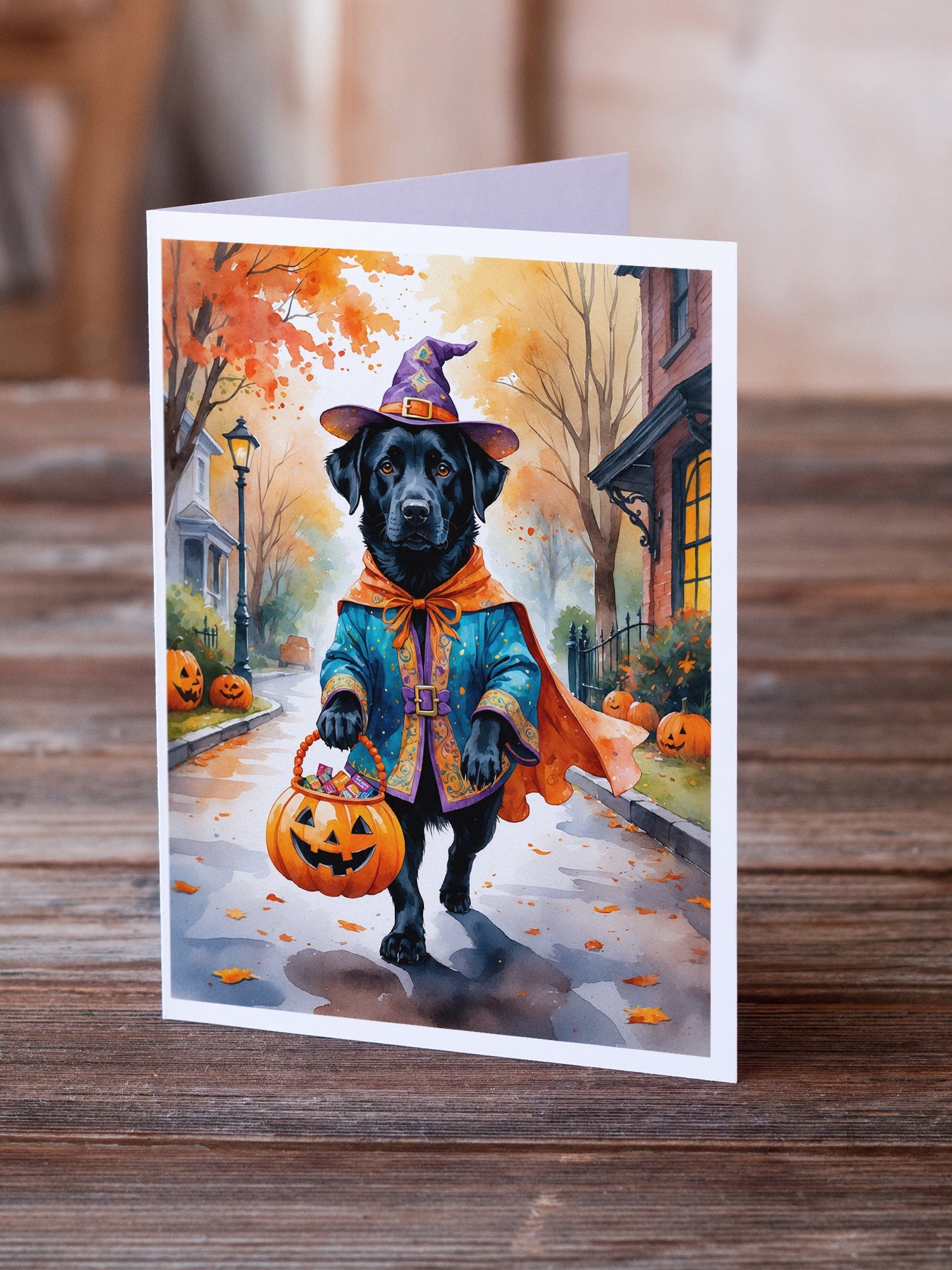 Black Labrador Retriever Halloween Trick or Treat Greeting Cards Pack of 8 Blank Cards with Envelopes Whimsical A7 Size 5x7