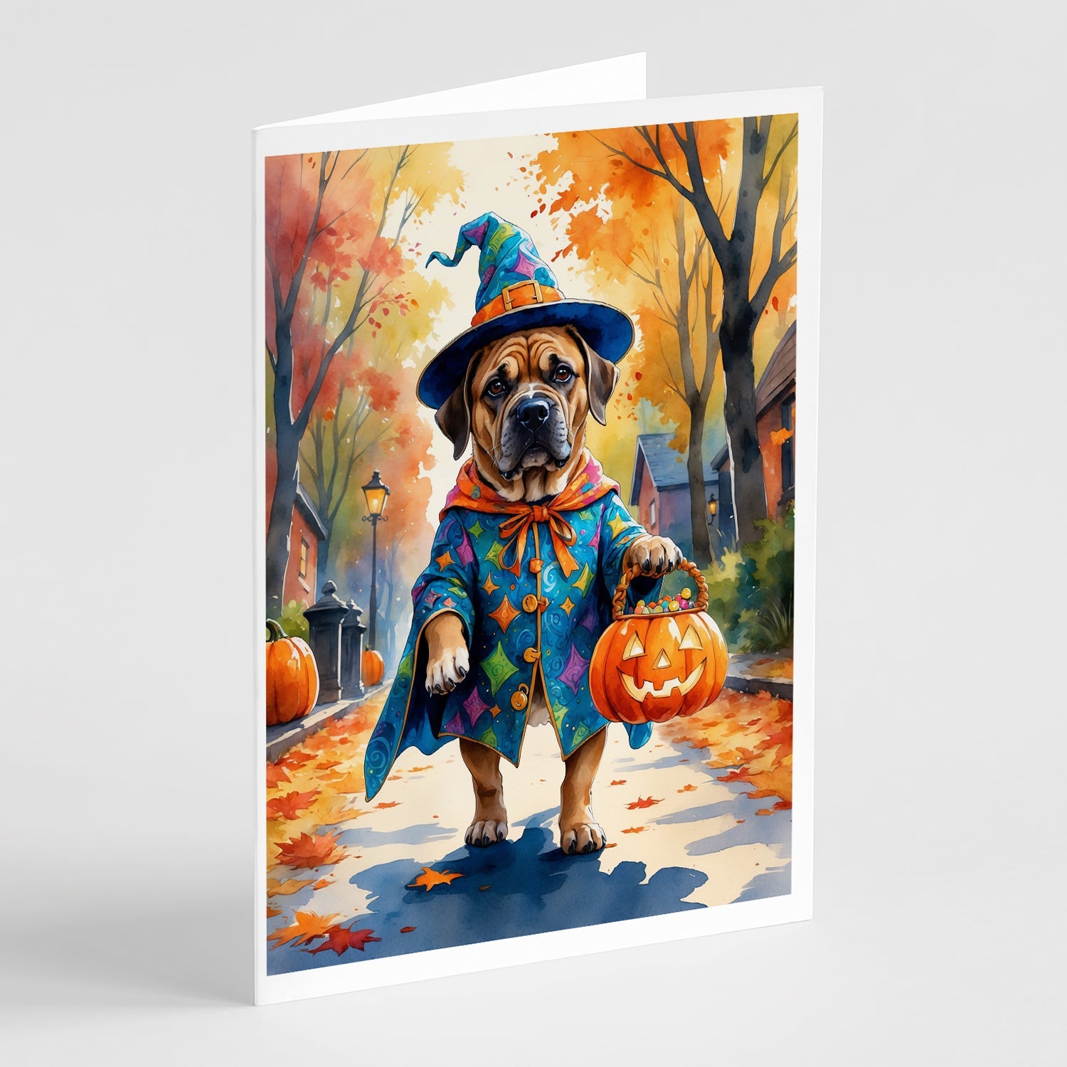 Mastiff Halloween Trick or Treat Greeting Cards Pack of 8 Blank Cards with Envelopes Whimsical A7 Size 5x7