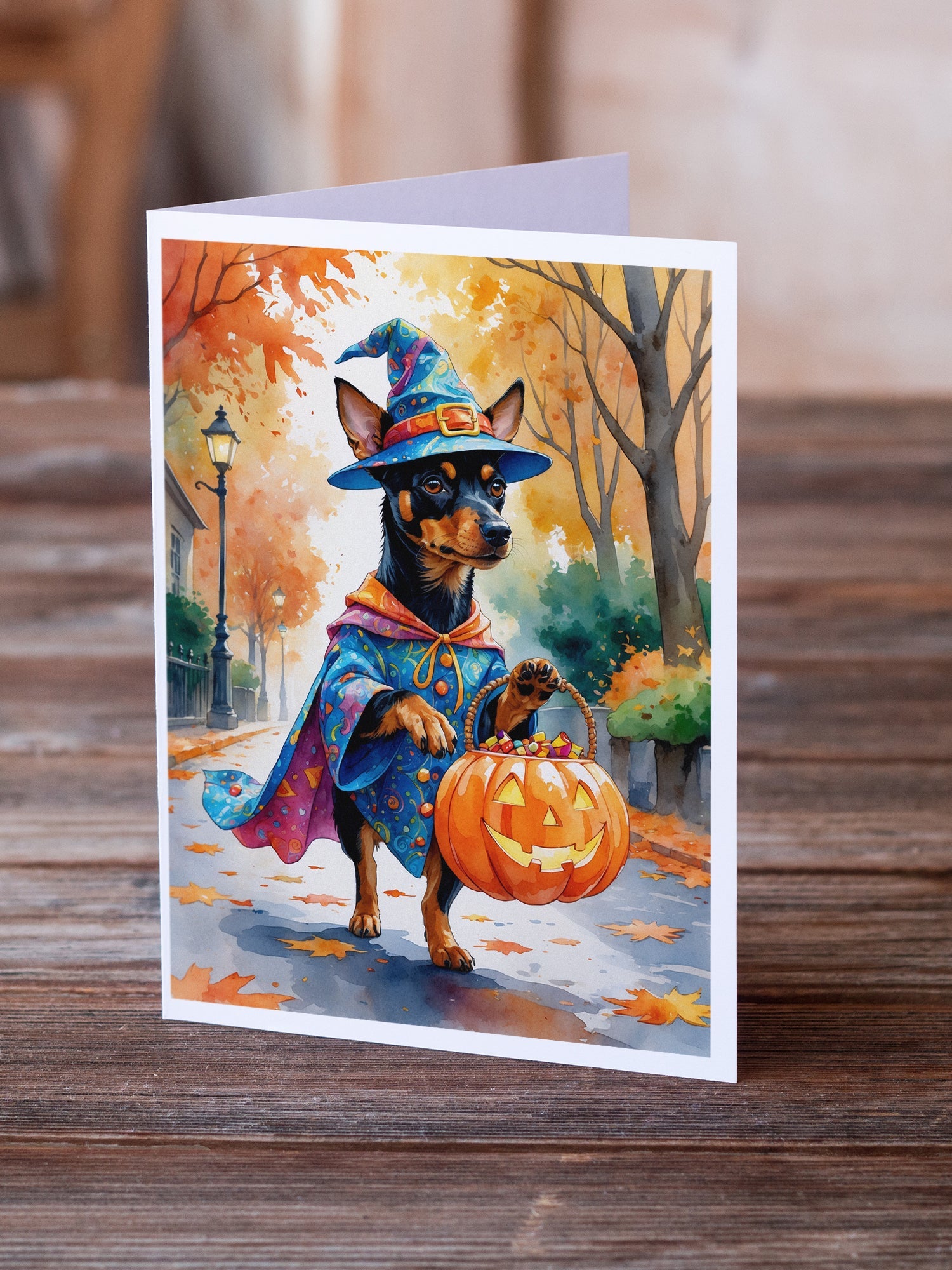 Miniature Pinscher Halloween Trick or Treat Greeting Cards Pack of 8 Blank Cards with Envelopes Whimsical A7 Size 5x7