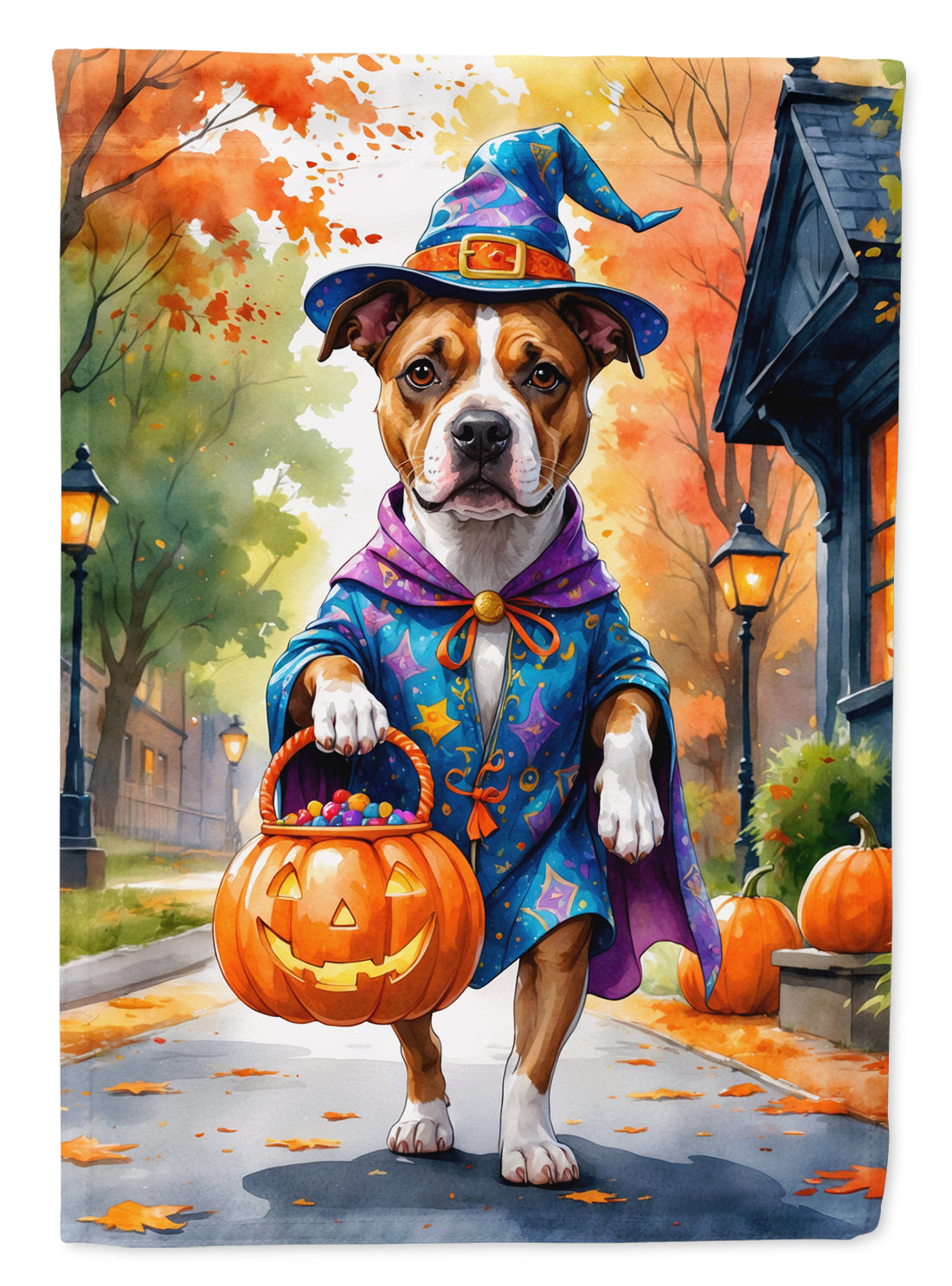 Pit Bull Terrier Halloween Trick or Treat House Flag 28x40 Porch Sleeve Pole Decorative Outside Yard Banner Artwork Wall Hanging, Polyester