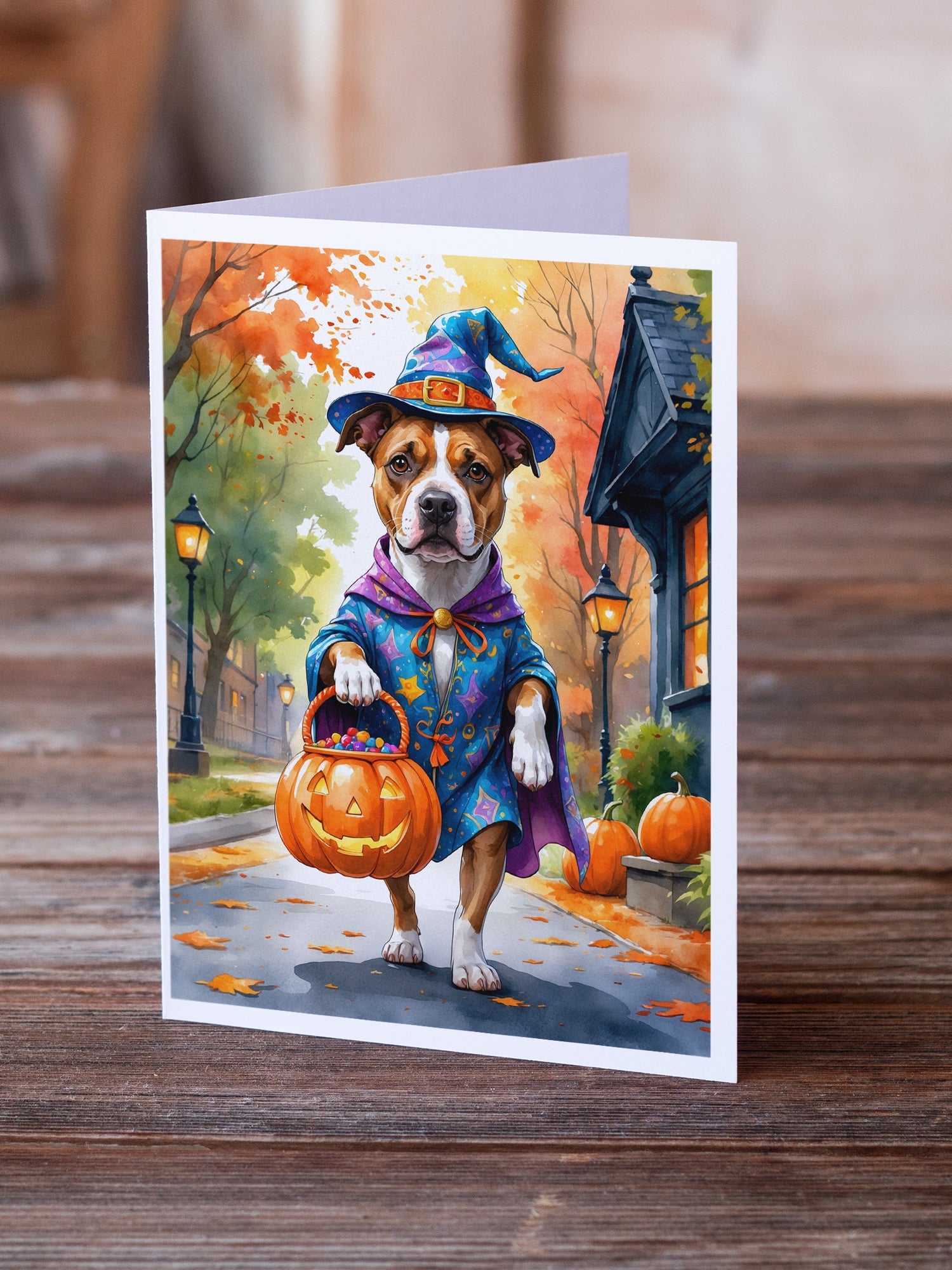 Pit Bull Terrier Halloween Trick or Treat Greeting Cards Pack of 8 Blank Cards with Envelopes Whimsical A7 Size 5x7