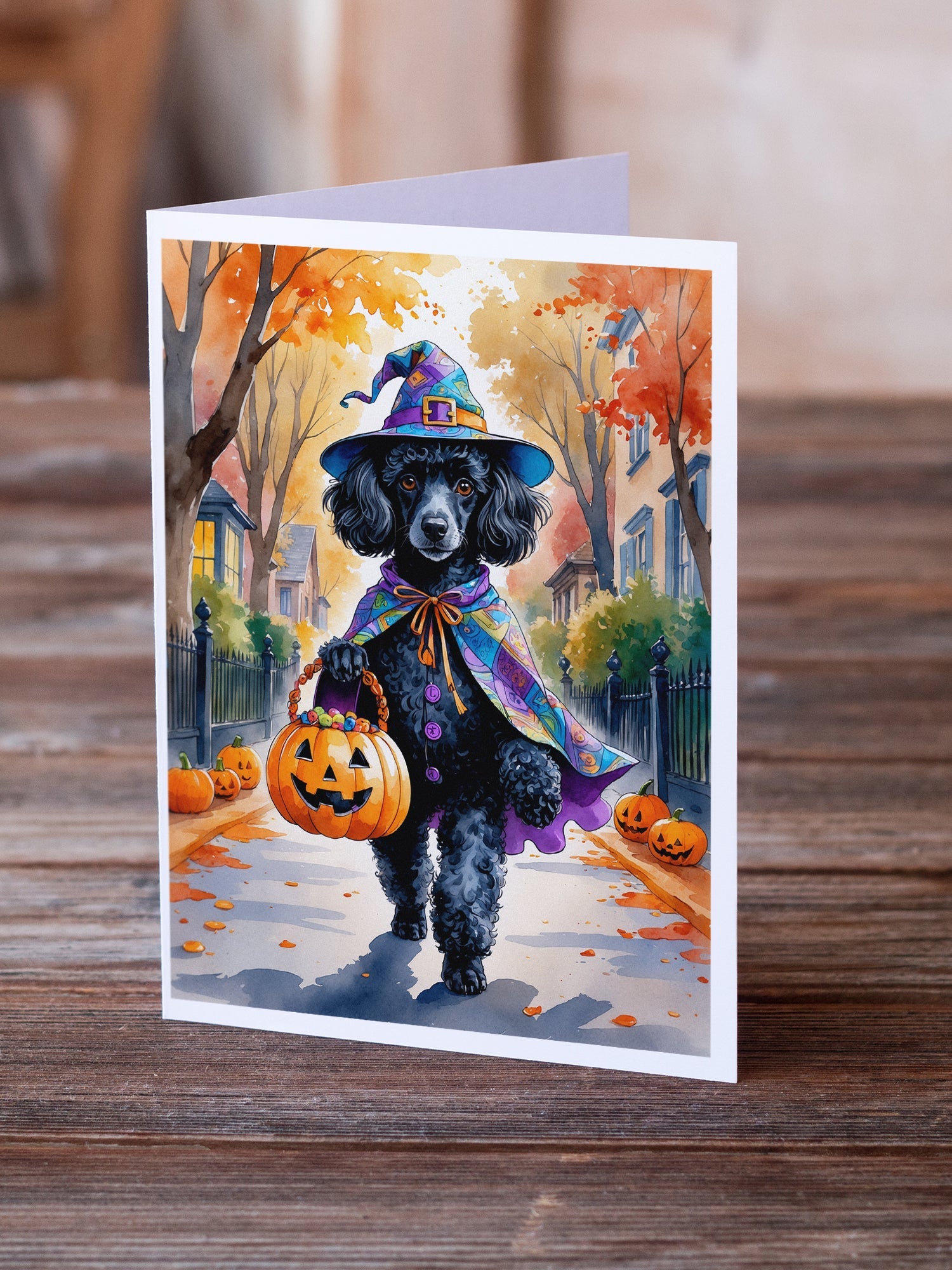 Black Poodle Halloween Trick or Treat Greeting Cards Pack of 8 Blank Cards with Envelopes Whimsical A7 Size 5x7