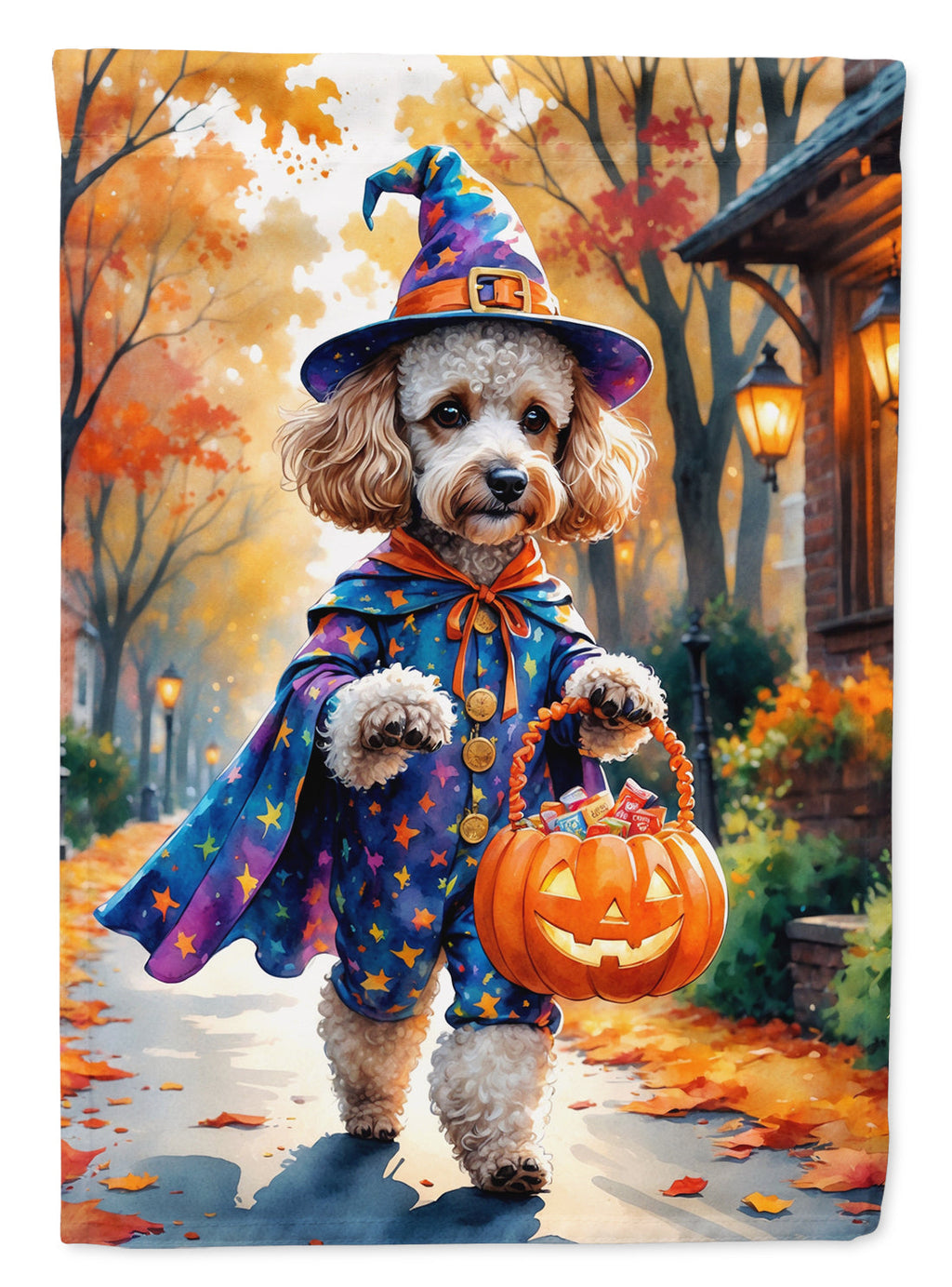 Poodle Halloween Trick or Treat House Flag 28x40 Porch Sleeve Pole Decorative Outside Yard Banner Artwork Wall Hanging, Polyester