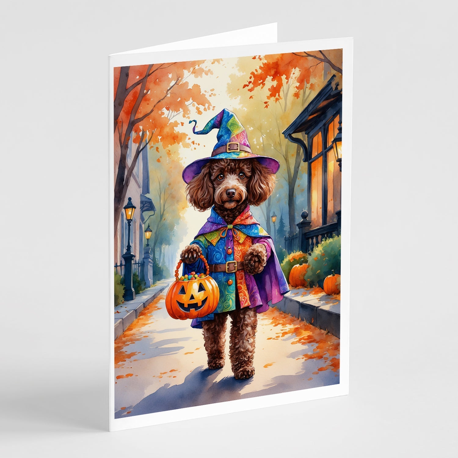 Chocolate Poodle Halloween Trick or Treat Greeting Cards Pack of 8 Blank Cards with Envelopes Whimsical A7 Size 5x7