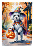White Poodle Halloween Trick or Treat House Flag 28x40 Porch Sleeve Pole Decorative Outside Yard Banner Artwork Wall Hanging, Polyester