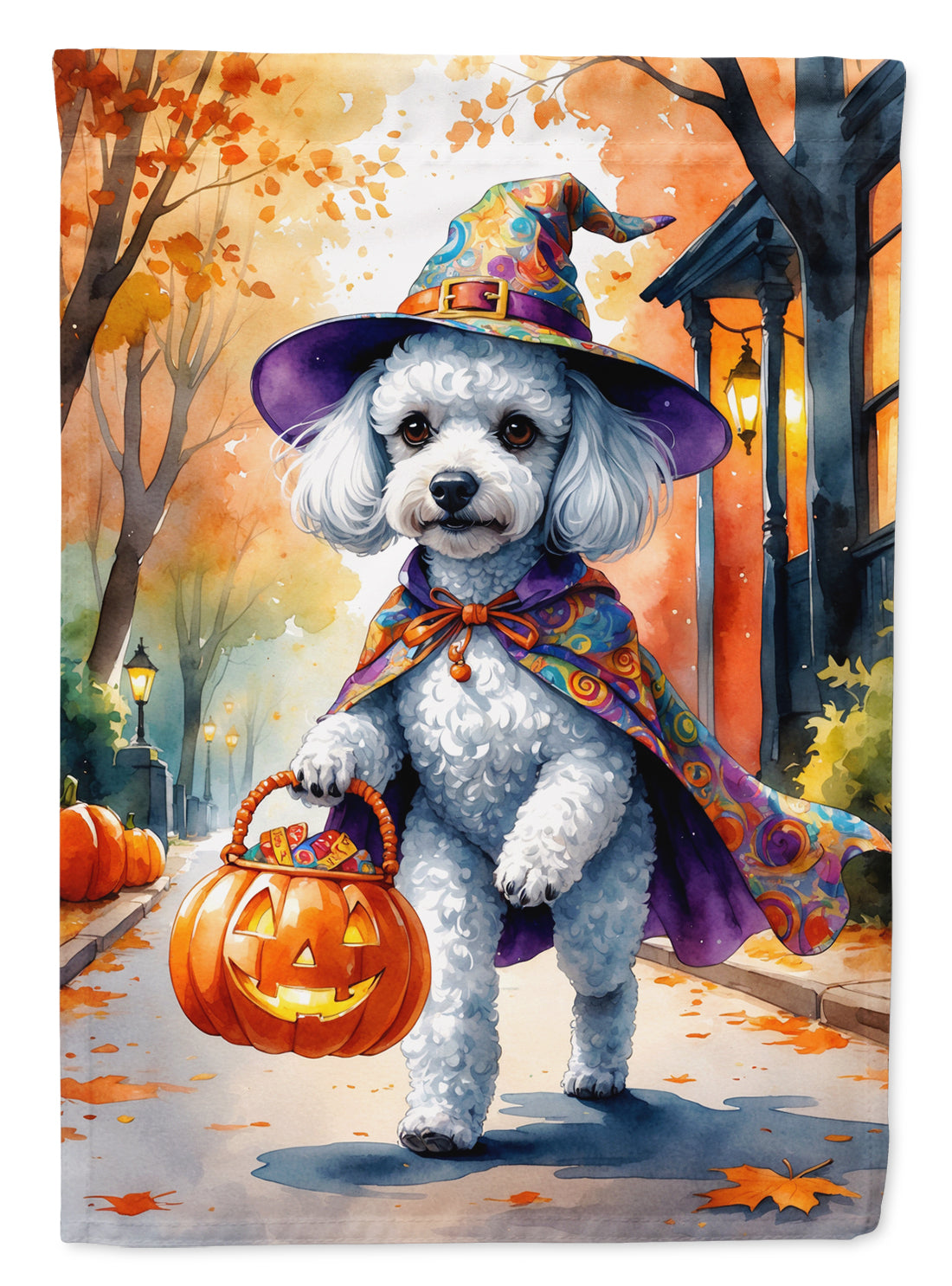 White Poodle Halloween Trick or Treat House Flag 28x40 Porch Sleeve Pole Decorative Outside Yard Banner Artwork Wall Hanging, Polyester
