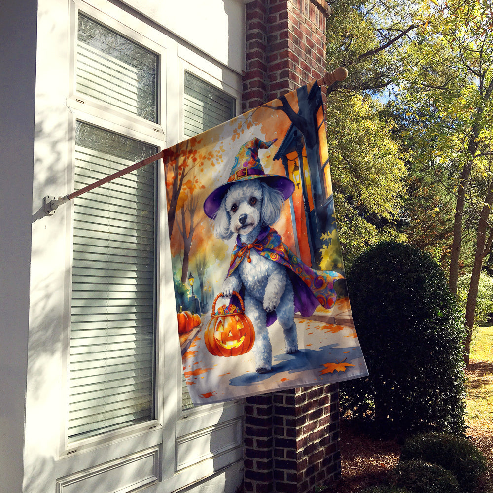 White Poodle Halloween Trick or Treat House Flag 28x40 Porch Sleeve Pole Decorative Outside Yard Banner Artwork Wall Hanging, Polyester