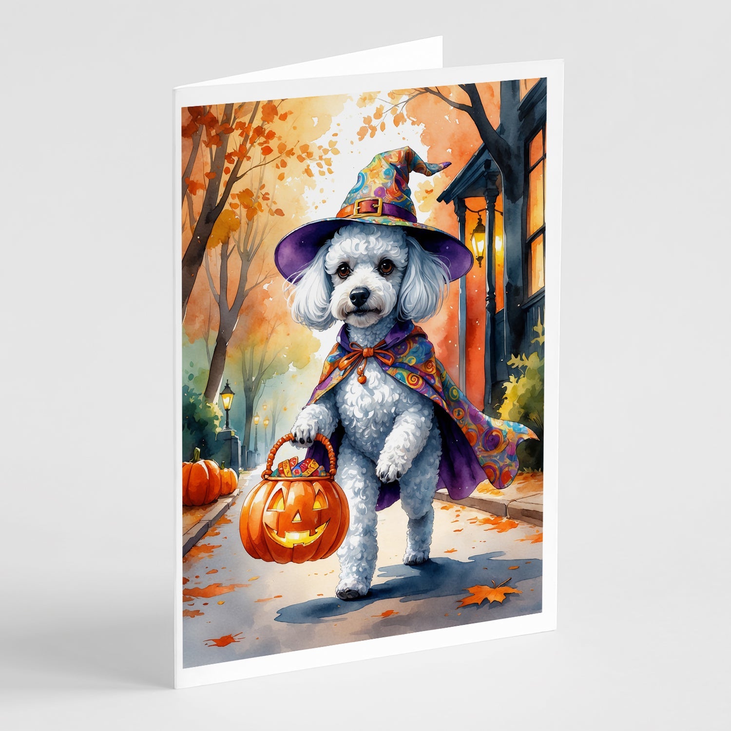 White Poodle Halloween Trick or Treat Greeting Cards Pack of 8 Blank Cards with Envelopes Whimsical A7 Size 5x7